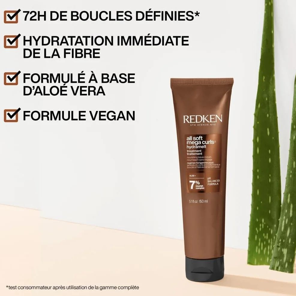 REDKEN - Soin Nourrissant & Hydratant Sans Rinçage - Définit Les Boucles 72h - Vegan & Sans Sulfates - Aloe Vera - Cheveux Très Secs, Bouclés À Crépus - All Soft Mega Curls - Hydramelt - 150 ml