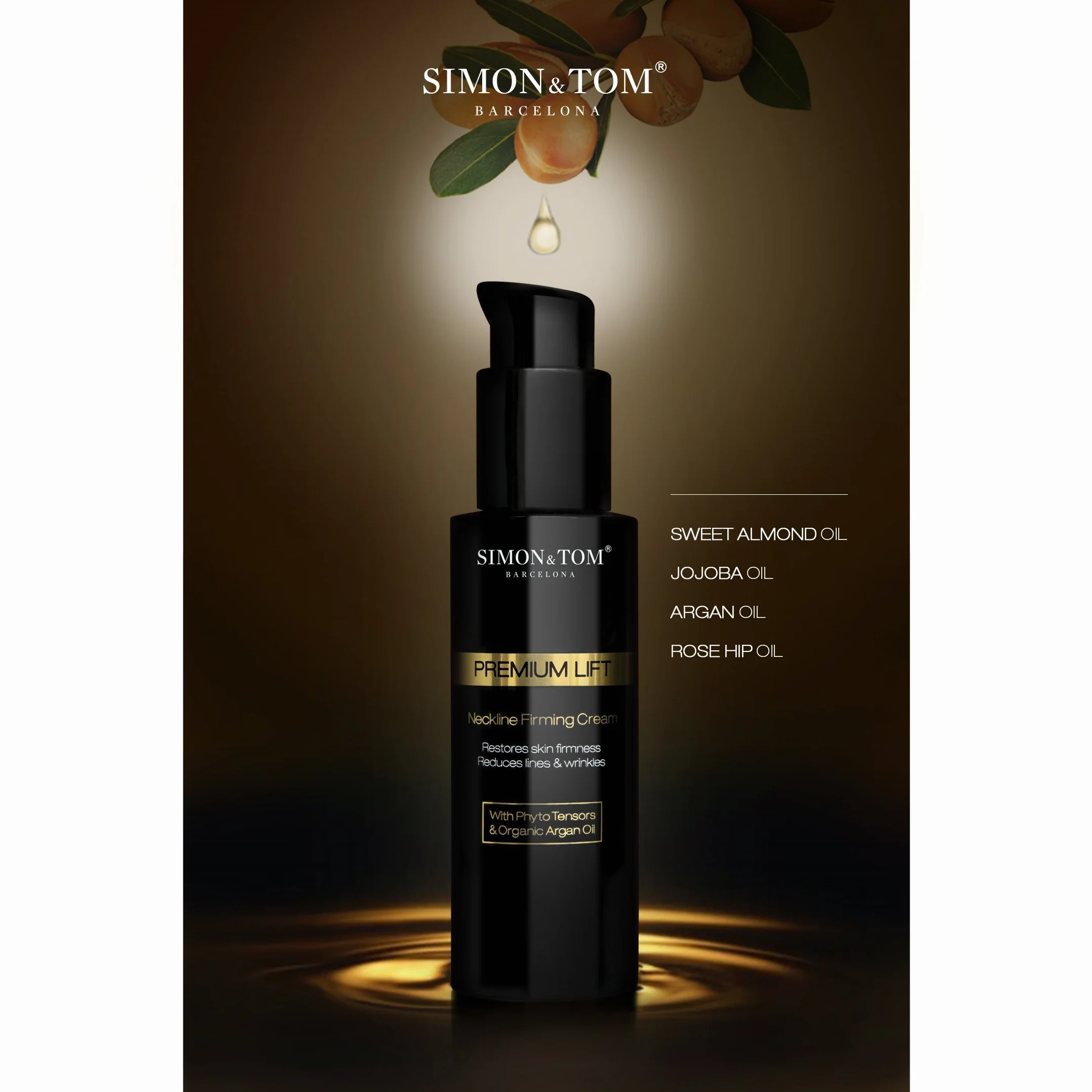 Simon&Tom Premium Lift, Crème Hydratante Raffermissante Cou et Décolleté, Effet Lifting Immédiat, Peau lisse anti-rides, Complexe Phyto Tenseur, Avec huile d'Argan Bio, 100ml