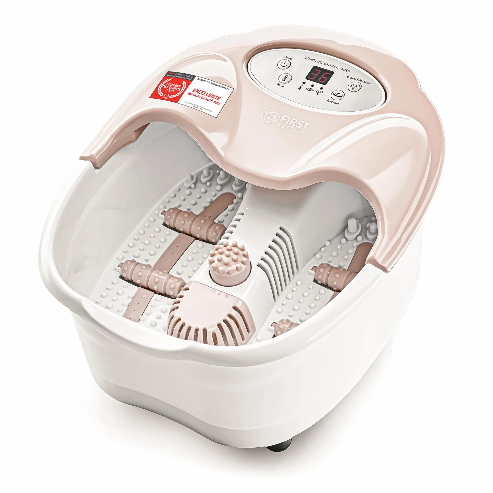 TZS First Austria - Bain de Pieds avec Massage - 450W - Écran LED & Lumière Rouge - Jusqu'à la Pointure 43 - 3 Accessoires, Protection Anti-Éclaboussures & Boîte à Arôme - Beige