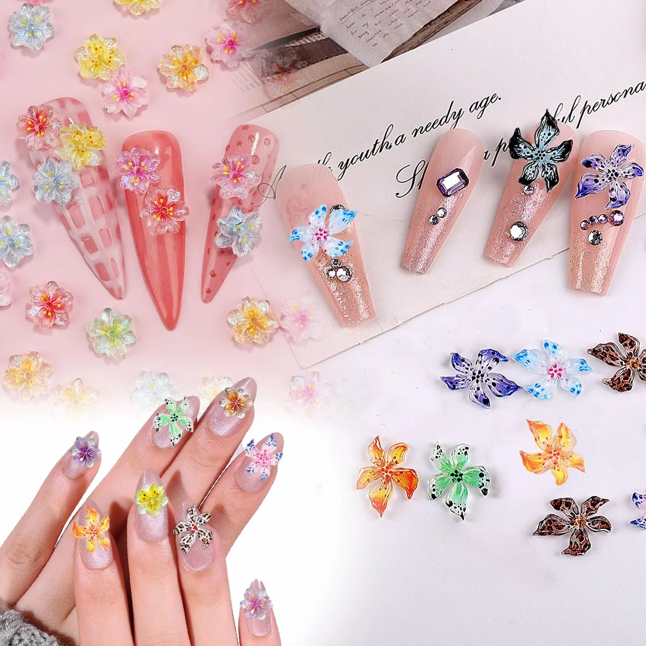 100 Pièce 3D Fleur Nail Charms, Breloques pour Ongles en Résine Cristal, Hawaïen Hibiscus Accessoires DIY 2 Style