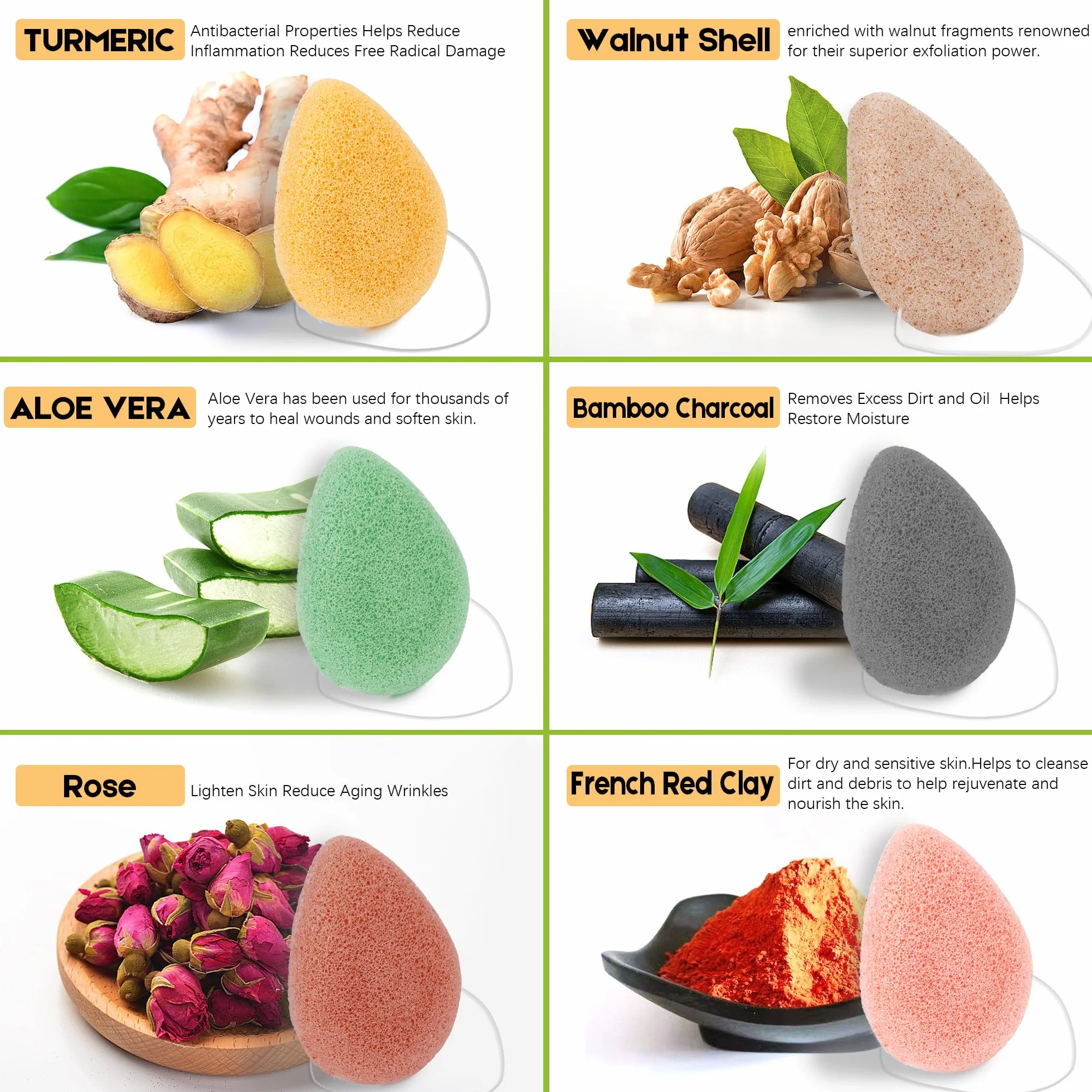 Éponge Konjac Lot de 6 Visage Naturelles Nettoyage Doux Exfoliation Bio