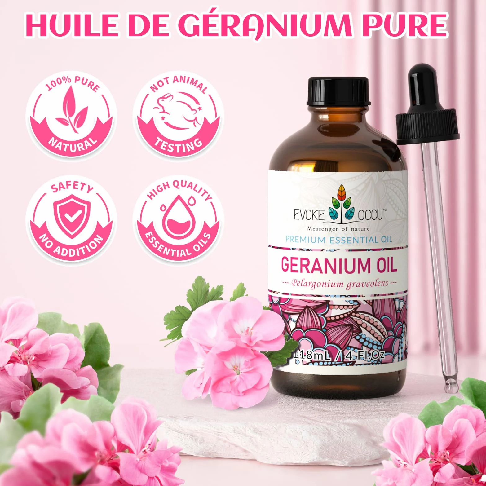 Huile Essentielle de Géranium EVOKE OCCU 118 ml Pure pour Peau, Cheveux, Massage et Aromathérapie