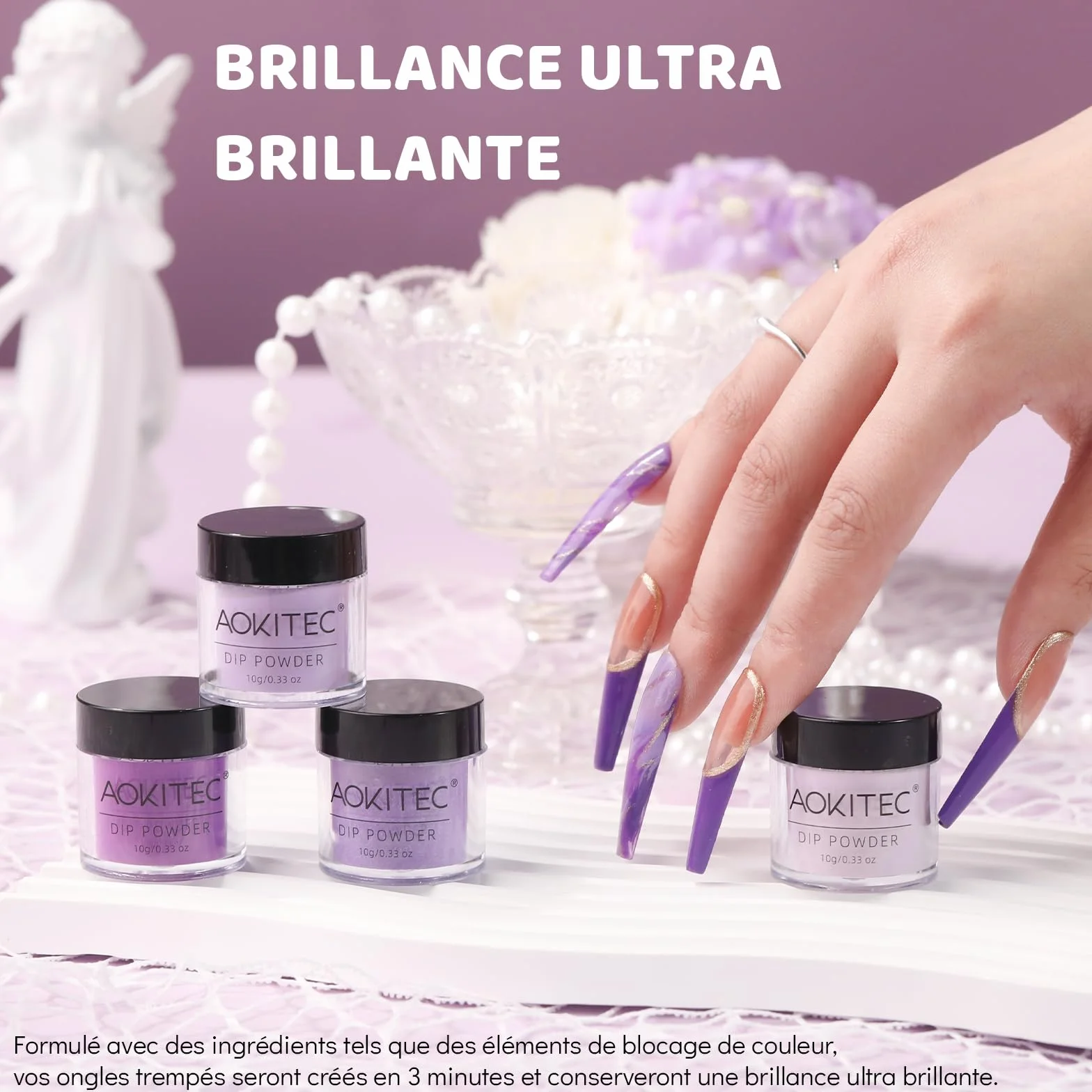 Aokitec Poudre à Tremper, 4 Couleurs Nail Art Français, Kit de Manucure DIY, Longue Durée