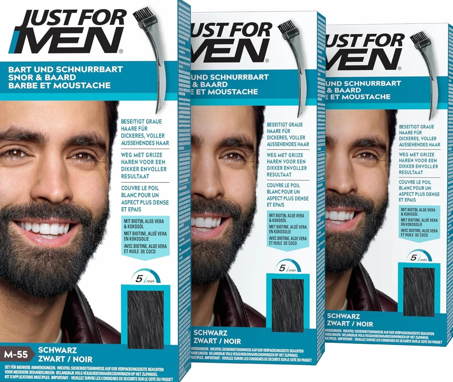 Just For Men Barbe & Moustache, coloration Barbe Homme, Naturel, Sans Ammoniaque, Élimine les Poils Gris, Avec Peigne Applicateur, Couleur Noir M55 - (3 pack)
