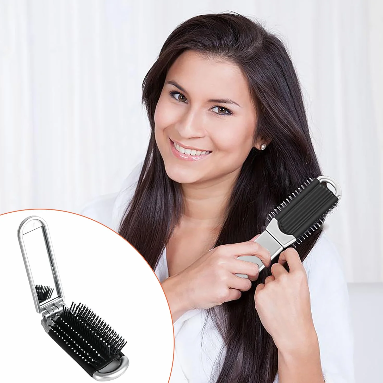 Brosse à Cheveux Pliable avec Miroir de Voyage Argent