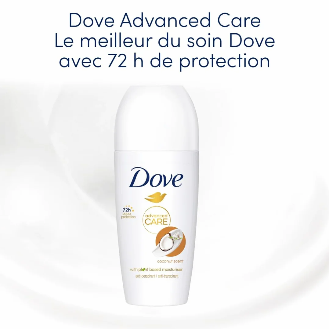 DOVE Déodorant Bille Anti-Transpirant Advanced Care - Noix de Coco - Soin quotidien des aisselles - 72h de protection contre la transpiration - lot de 6x50ml