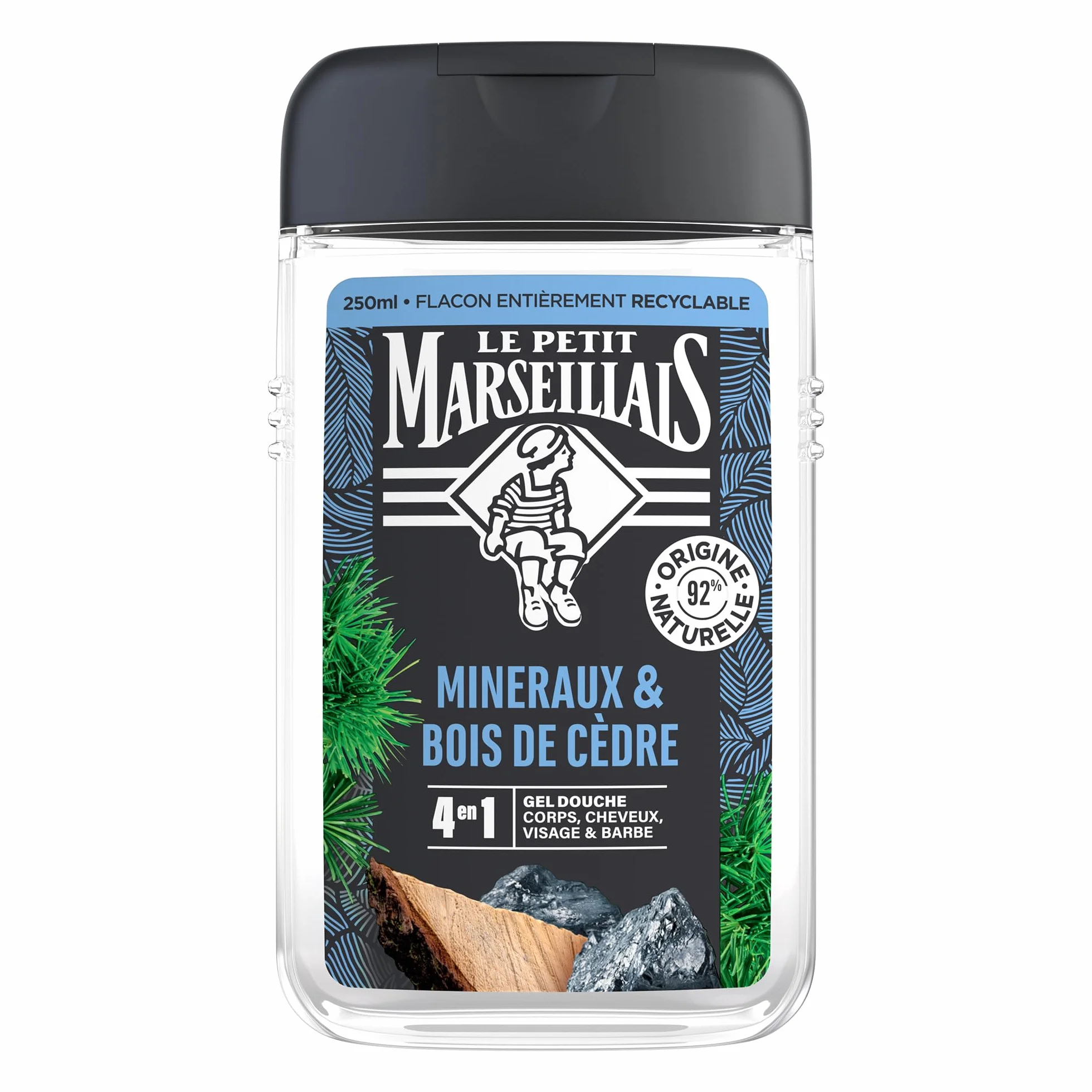 Le Petit Marseillais Gel Douche Homme Minéraux & Bois de Cèdre 250 ml 4 en 1 Corps Cheveux Visage Barbe 92% Ingrédients Naturelle pH Neutre
