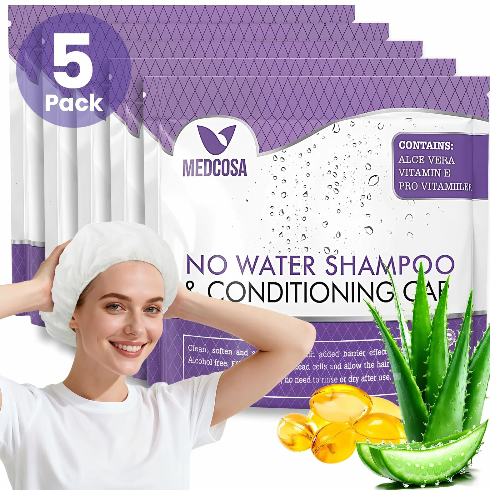 Medcosa Charlotte avec Shampoing Sans Rinçage - Lot 5 Paquets de Bonnet Shampooing Sec avec Aloe Vera Vitamine E et Camomille - Charlotte pour Lavage de Cheveux Sans Eau