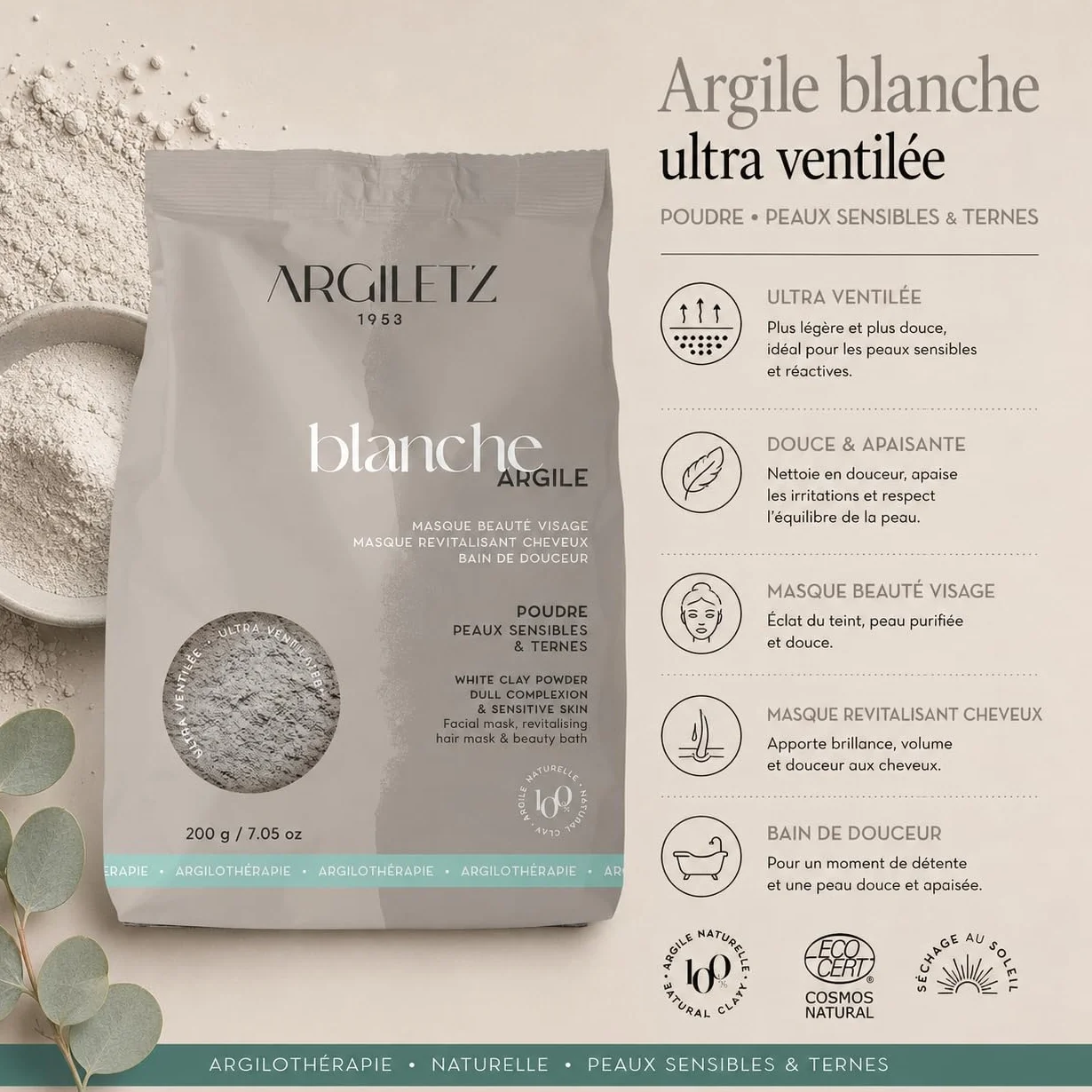 Argiletz Argile Blanche Ultra Ventilée 200g Poudre Très Fine – Masque Visage Cheveux Peaux Mixtes Sensibles Argile Naturelle