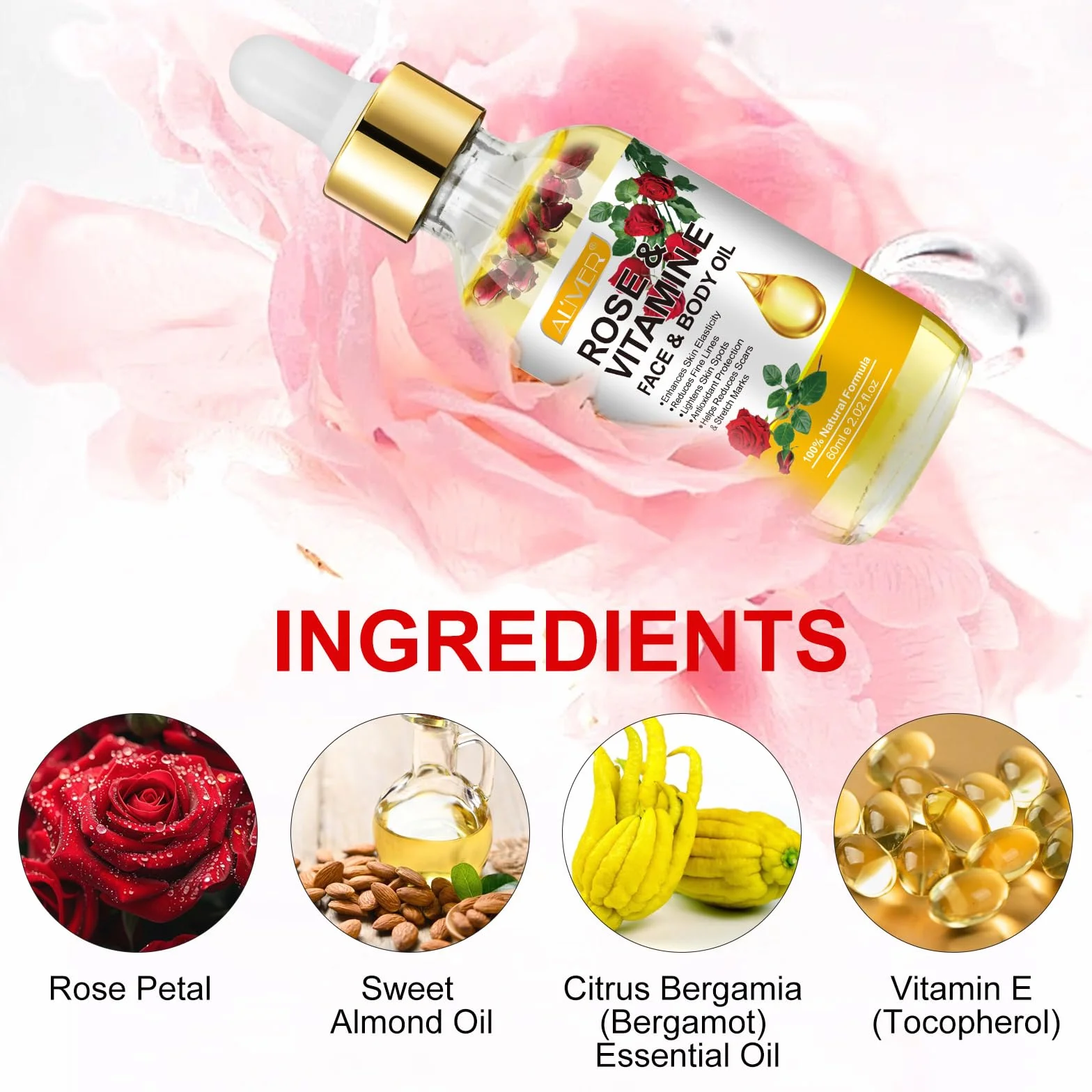 Huile de vitamine E 60ml, huile de rose naturelle pour peau, visage, cheveux et cuticules (2 bouteilles)