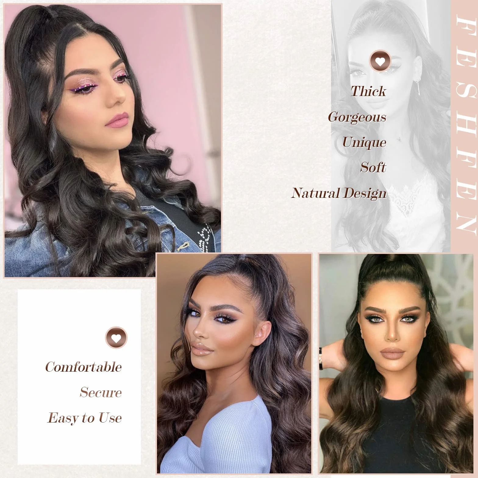 FESHFEN Queue de Cheval Cordon Longue Bouclé Ondulées Ponytail Cheveux Naturel Postiche Extension Synthétique Rajout Drawstring Ponytail Extensions pour Femmes, Noir Naturel 60 cm