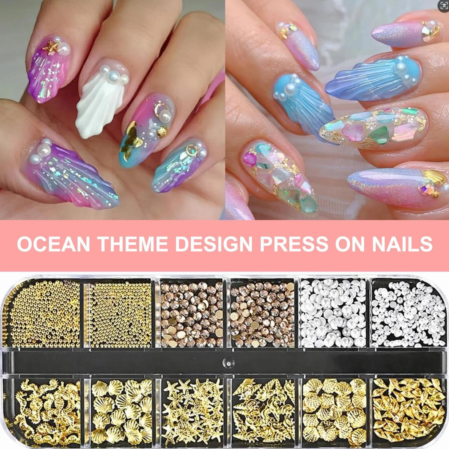 Kit de Manucure Strass Thème Mer, Charmes 3D Perles Coquilles Étoiles pour Ongles