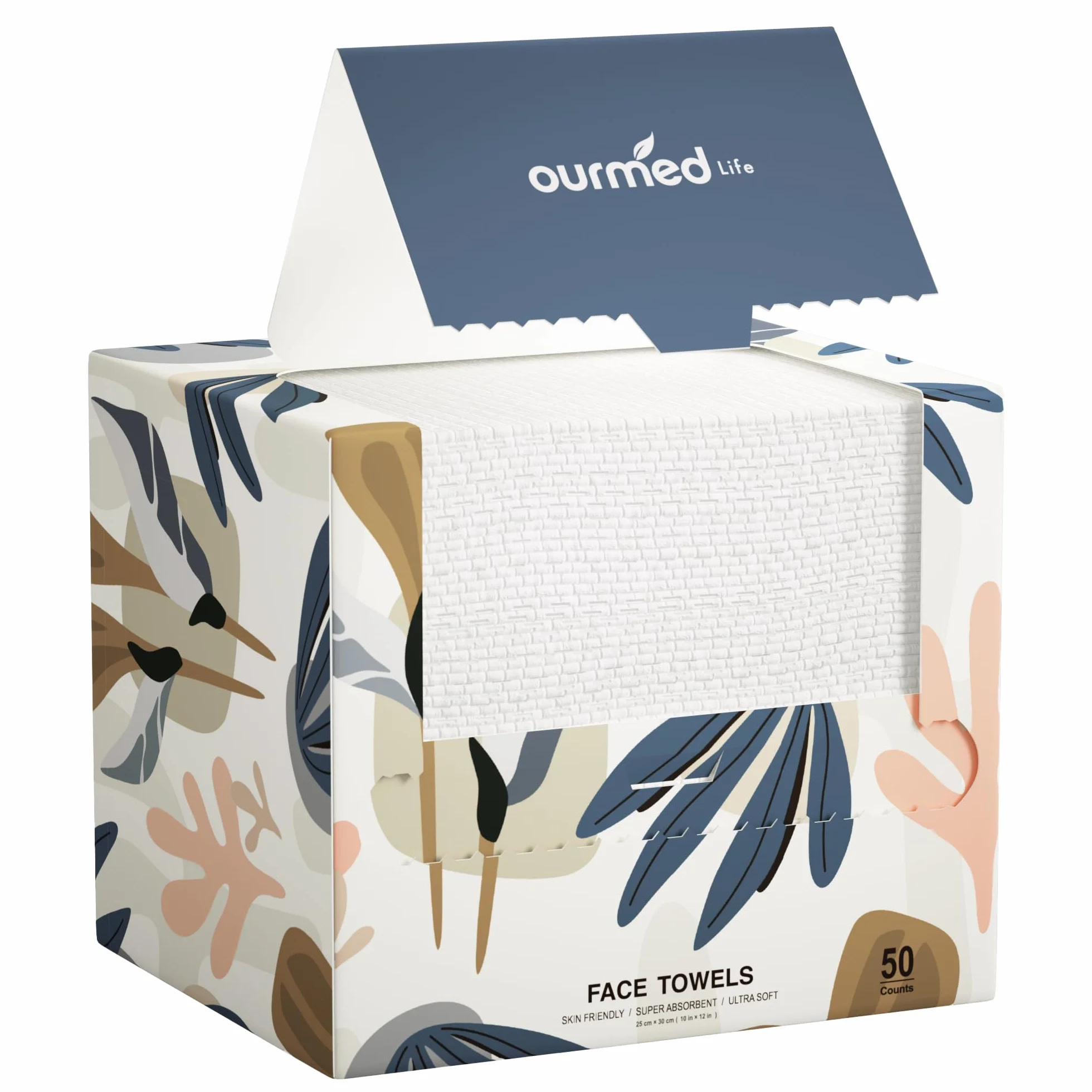 Ourmed Life Serviettes Faciales Jetables Biodégradables pour Peaux Sensibles, 10"x12", 50 unités