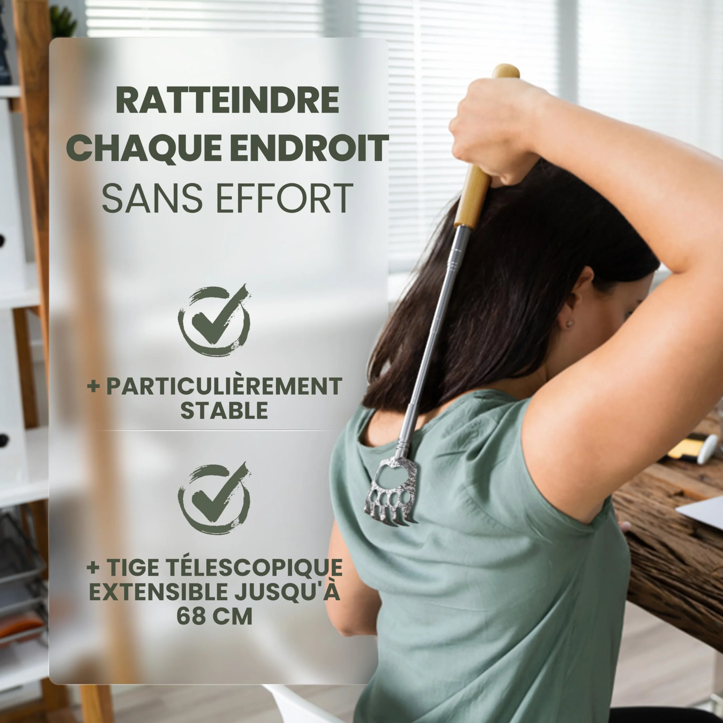 BAMBUA Gratte Dos Télescopique en Acier Inoxydable avec 5 Embouts - Manche en Bambou