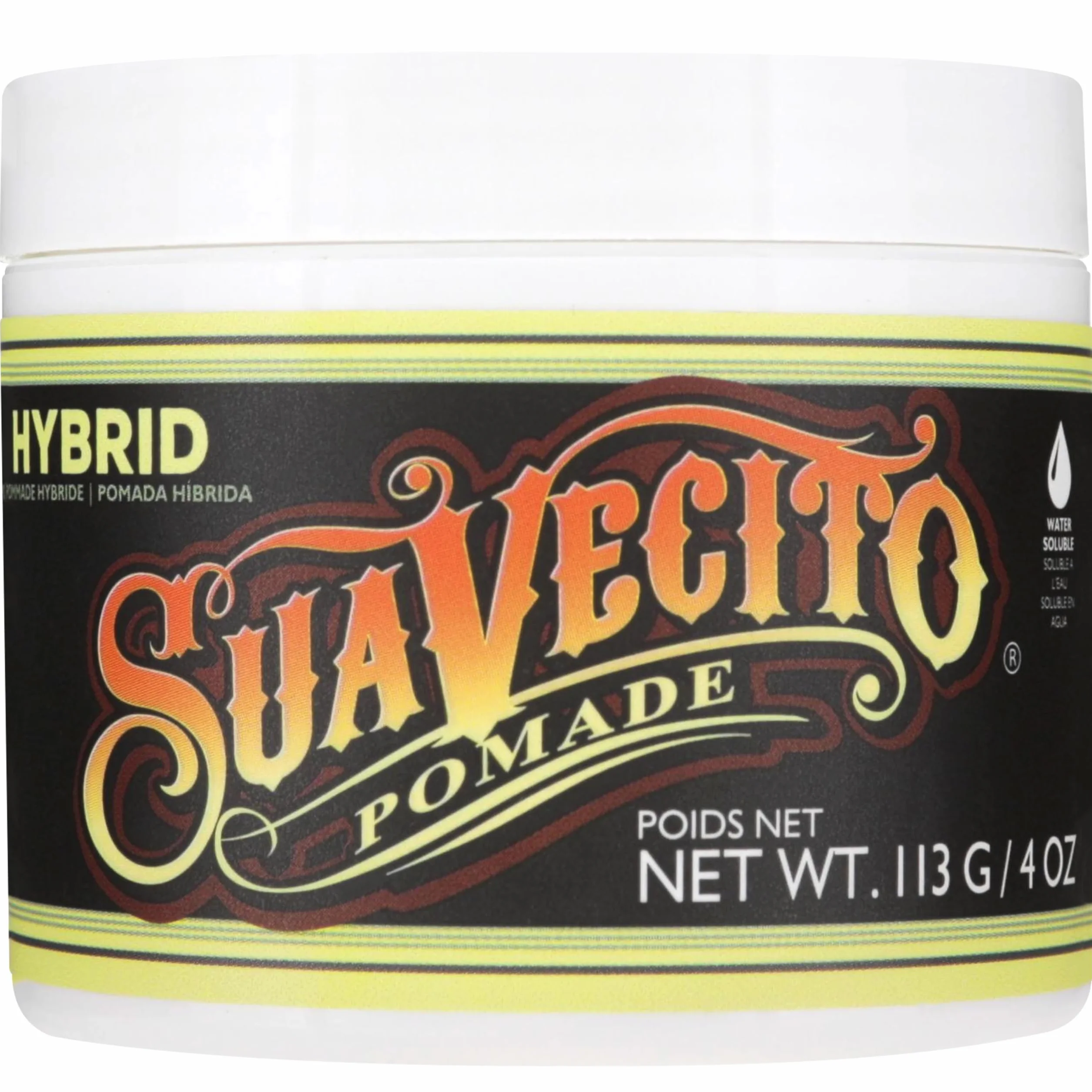 Pommade Hybride pour Cheveux Suavecito Pour Hommes, Tenue Moyenne, Brillance Élevée, Pommade Hybride à Base d'Huile et d'Eau, Peut Être Remodelée, 4oz/113g