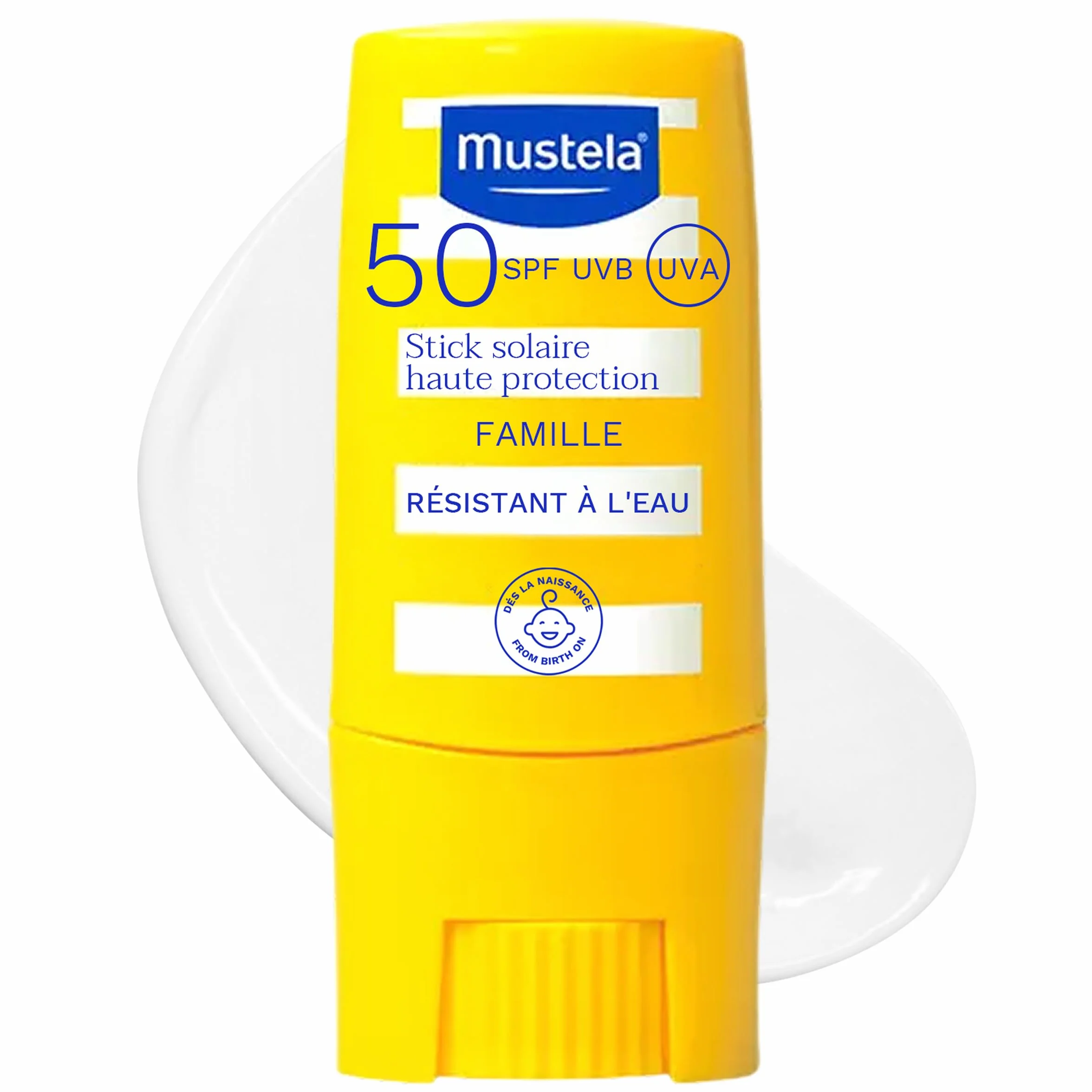 Mustela Stick Solaire SPF 50 Famille Haute Tolérance Protection Visage Corps Huile d'Avocat Résistant Eau Sable 9 ml