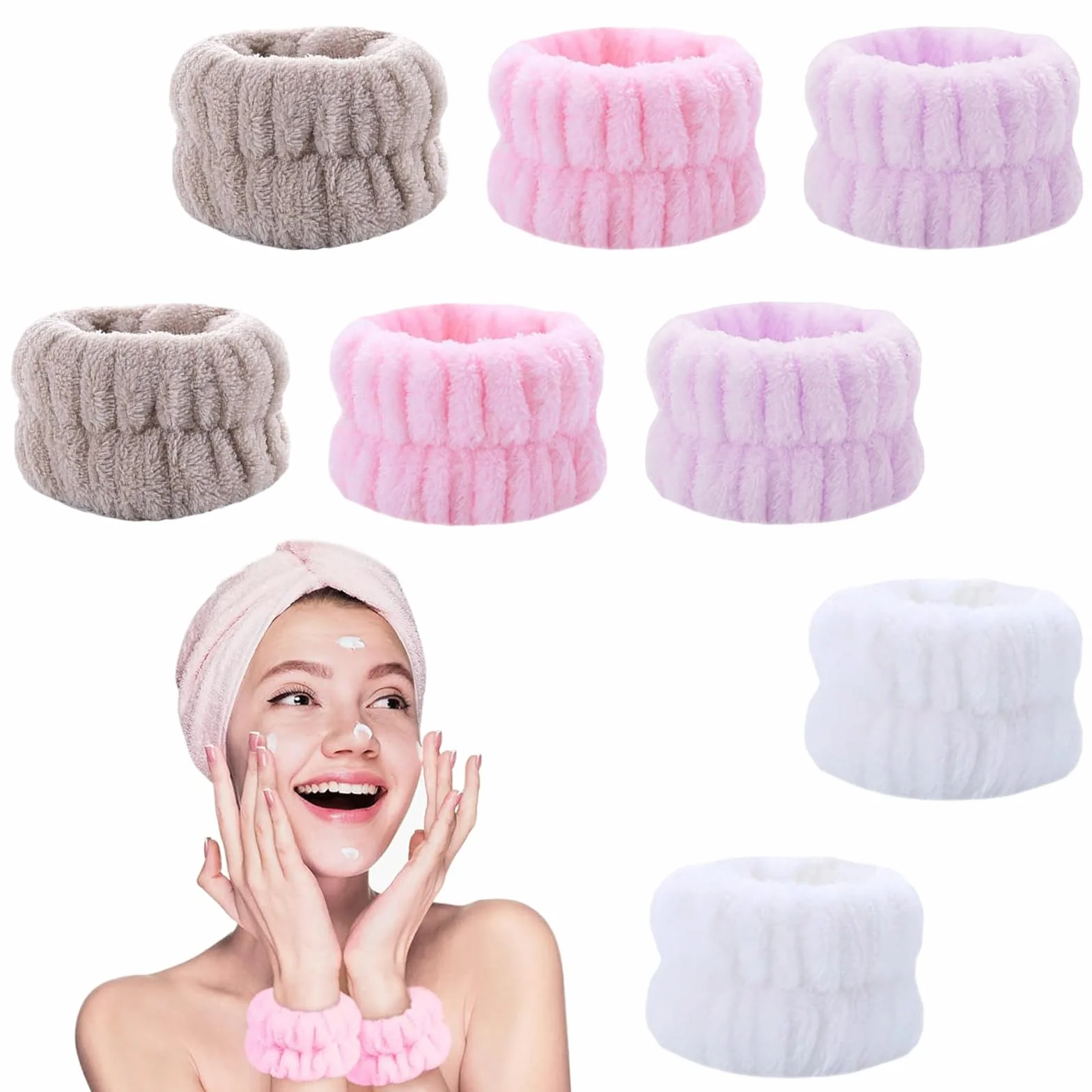 Bandeau Poignet Lavage Visage Microfibre Douce Anti-Goutte 4 Couleurs Blanc Rose Lilas Kaki