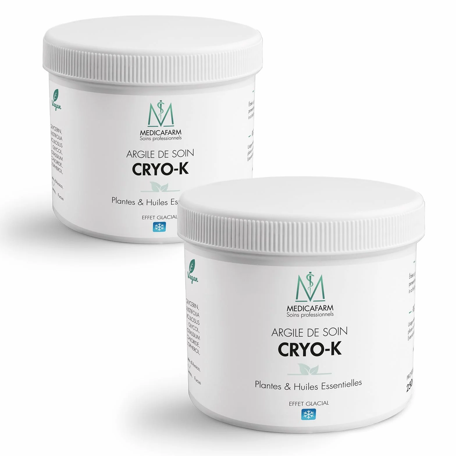 MEDICAFARM - Argile de soin CRYO-K - Aux plantes et huiles essentielles - Effet glacial - Aide à soulager les douleurs et améliorer confort circulatoire - 2 Pots de 250 g, 250.0 gramme