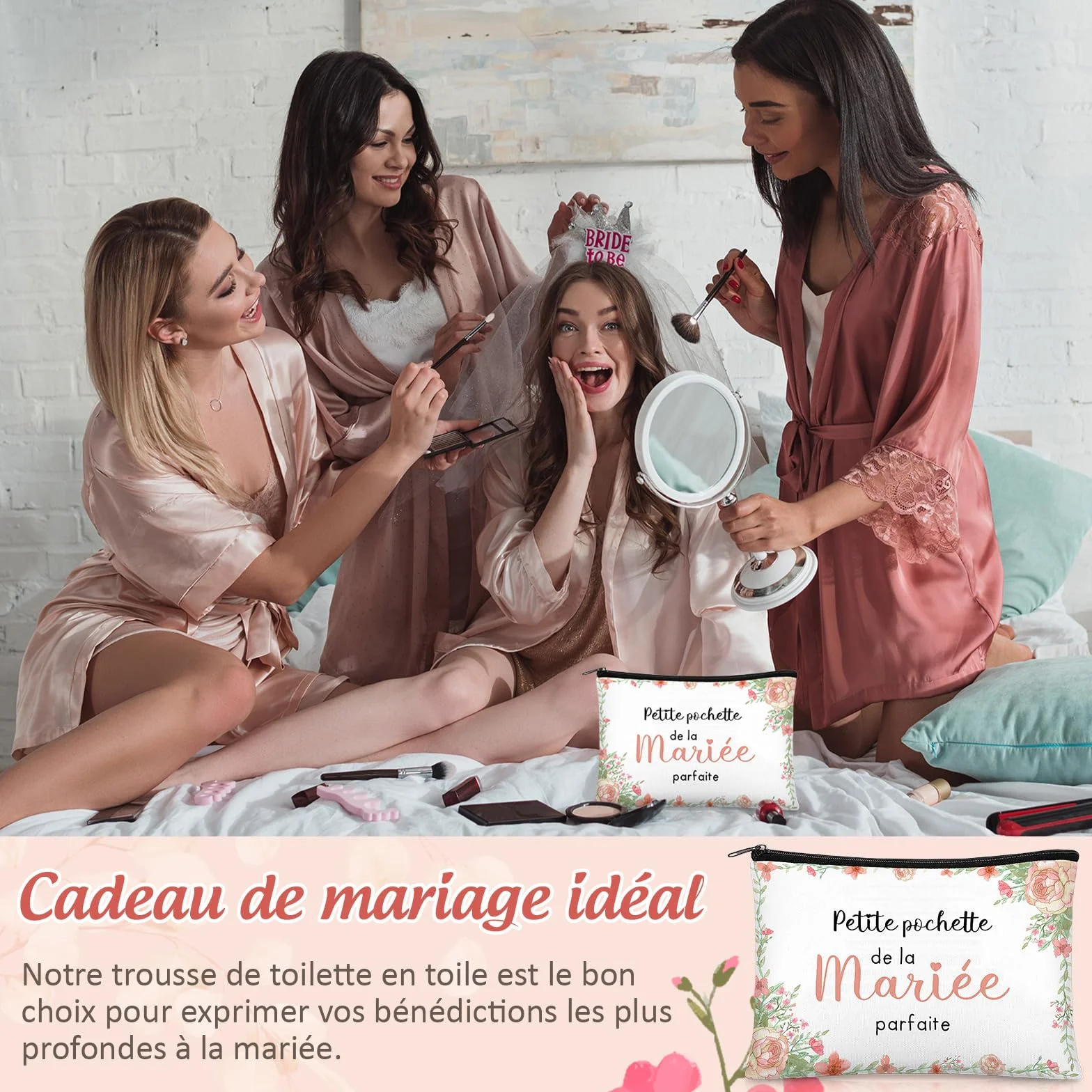 Pochette à Cosmétiques Zippée pour Mariée Trousse de Maquillage Cadeau de Mariage