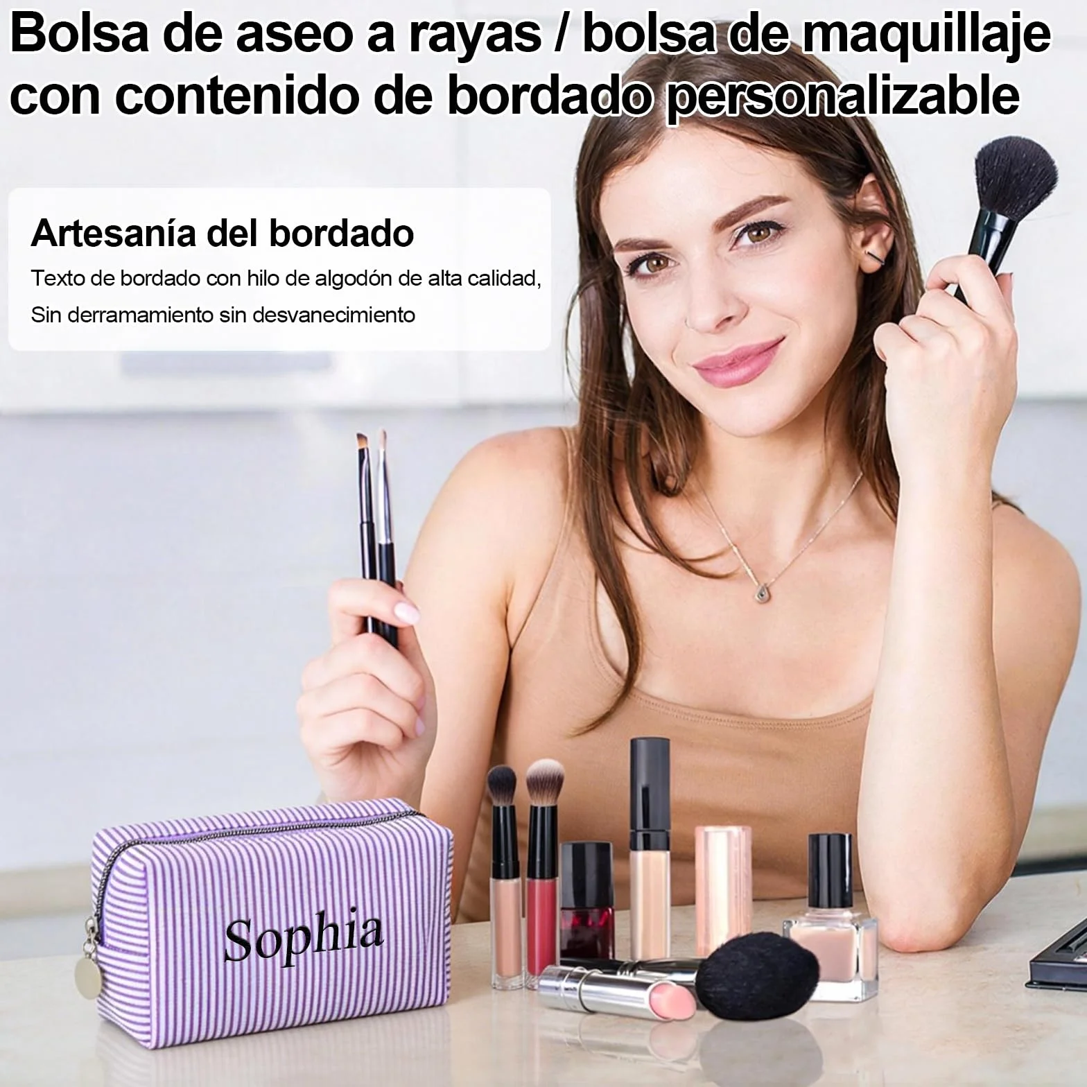 Trousse de Maquillage Personnalisée avec Nom, Sac Cosmétique en Tissu à Rayures, Grande Capacité, Multicolore, Cadeau pour Femme (Rouge)