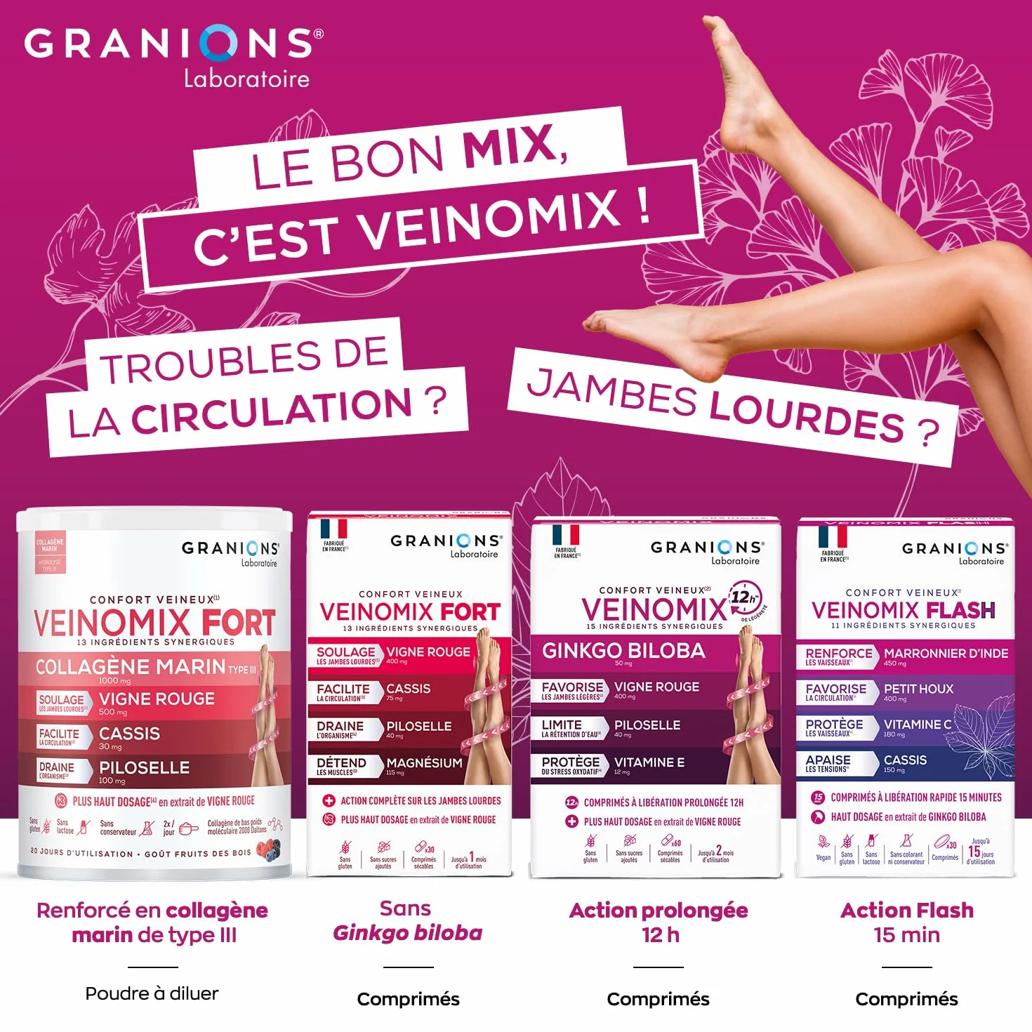 GRANIONS VEINOMIX FORT 30 comprimés Circulation Sanguine Jambes Lourdes Rétention d'Eau Vigne Rouge