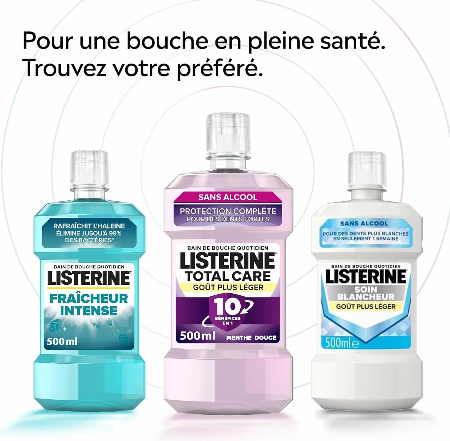 Listerine Bain de Bouche Soin Blancheur Goût Plus Léger 0% alcool Lot de 3 x 500 ml Menthe Douce Sans Alcool