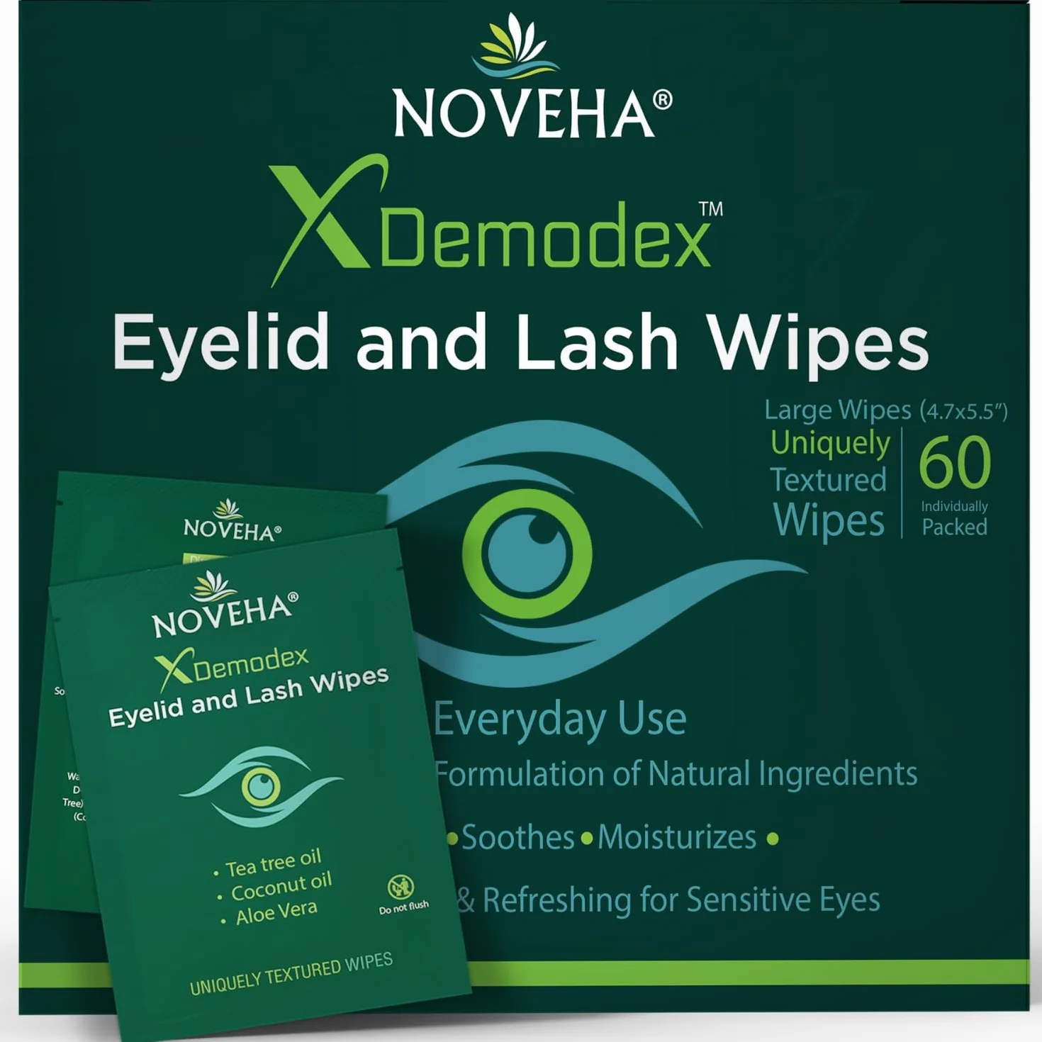 NOVEHA Demodex Lot de 60 Lingettes Nettoyantes Extra Fortes pour Paupières et Cils
