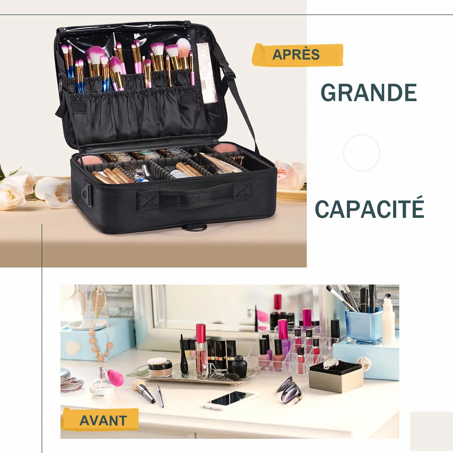 Trousse Maquillage Oxford Tissu Makeup Bag Sac Maquillage Femme Mallette à Ongles Rangement Organiseur Coiffure à Manucure Beauty Case de Voyage y Bandoulière Bijoux Boîte Professionnel, Noir