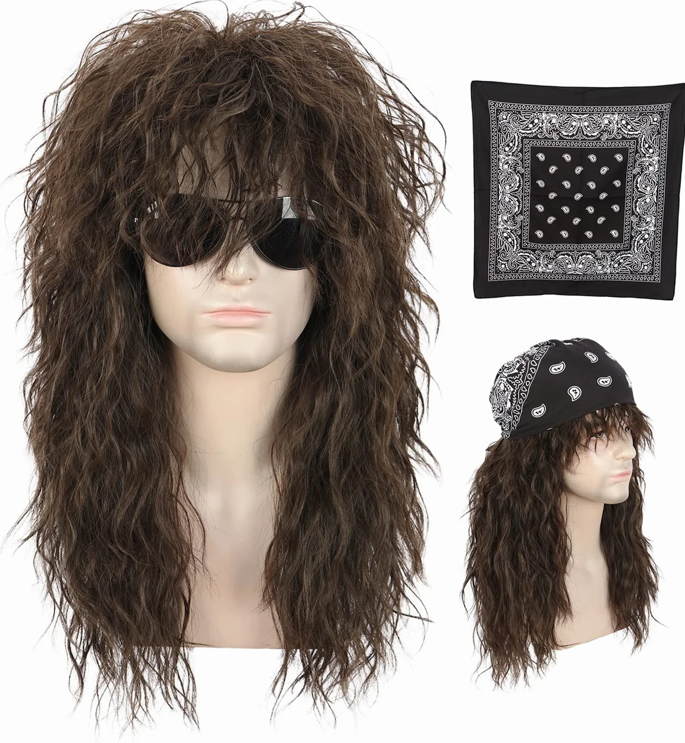 Karlery Perruque Mulet Longue Bouclée Marron pour Hommes Perruque de Rocker Punk des Années 70 et 80 pour Carnaval Halloween Cosplay Déguisement Party