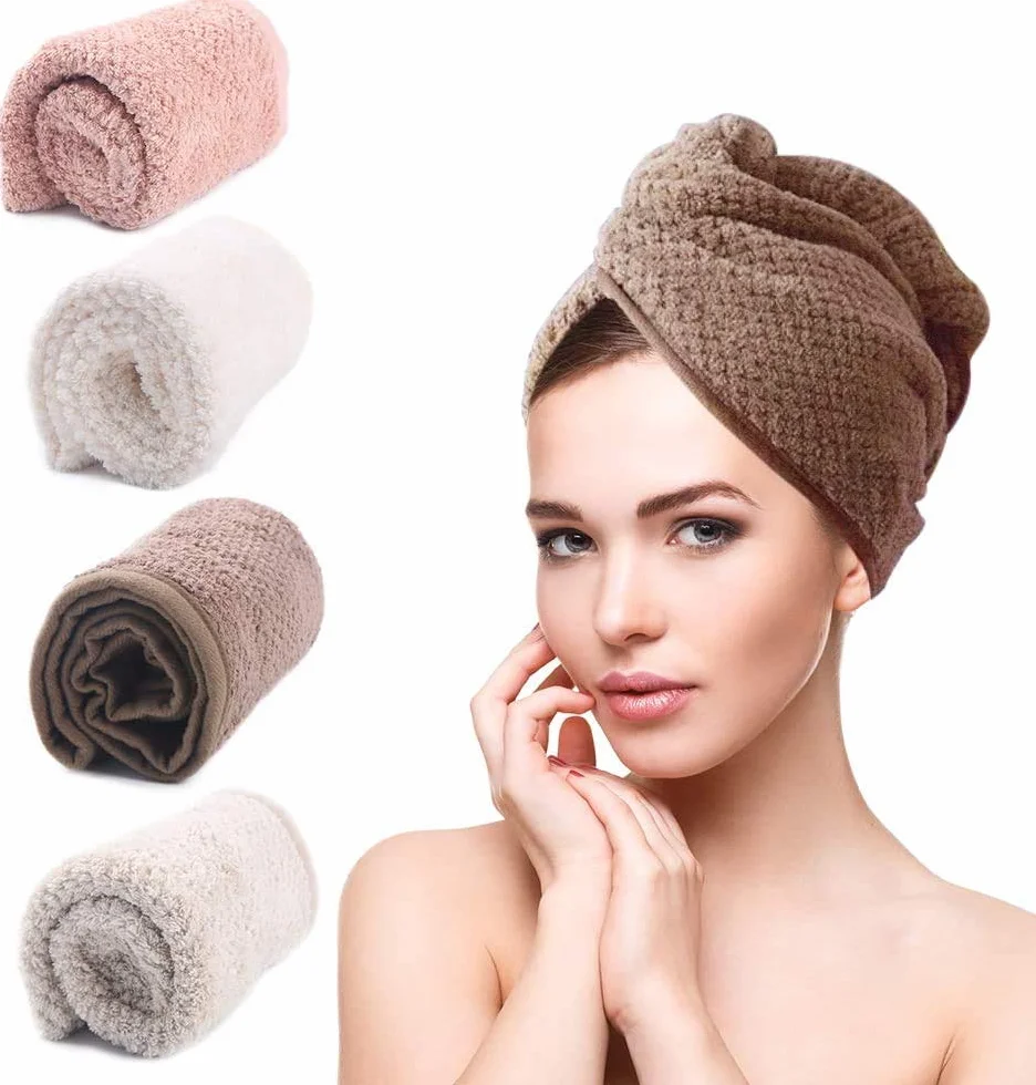 4 pièces Cheveux Séchage Serviettes, Microfibre Turban avec Bouton de Design Secs Rapidement pour Femmes