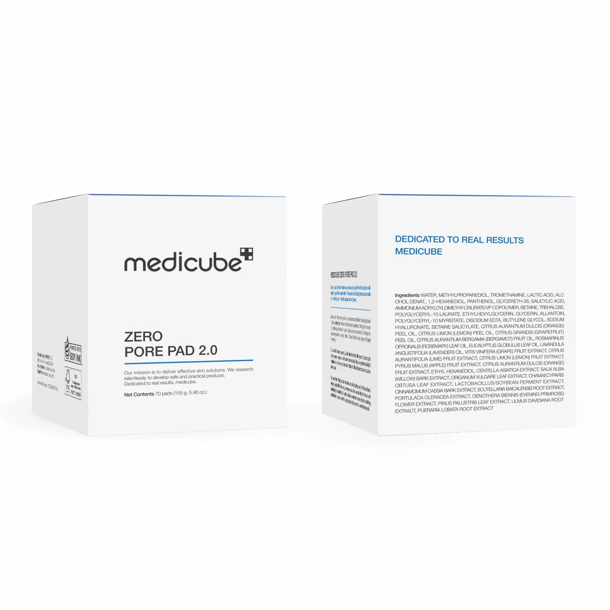 Medicube Zero Pore Pads 2.0, Tonifiants Visage Double Texture Exfoliation Soin Pores 4,5% Acide Lactique AHA 70 Pièces