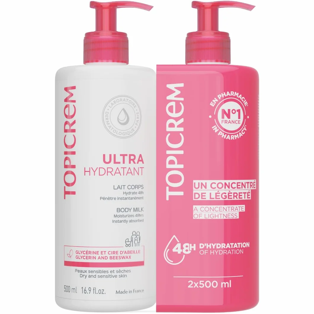 Topicrem Ultra Hydratant Lait Corps 2x500 ml Hydrate 48h Relipide Peaux Sensibles