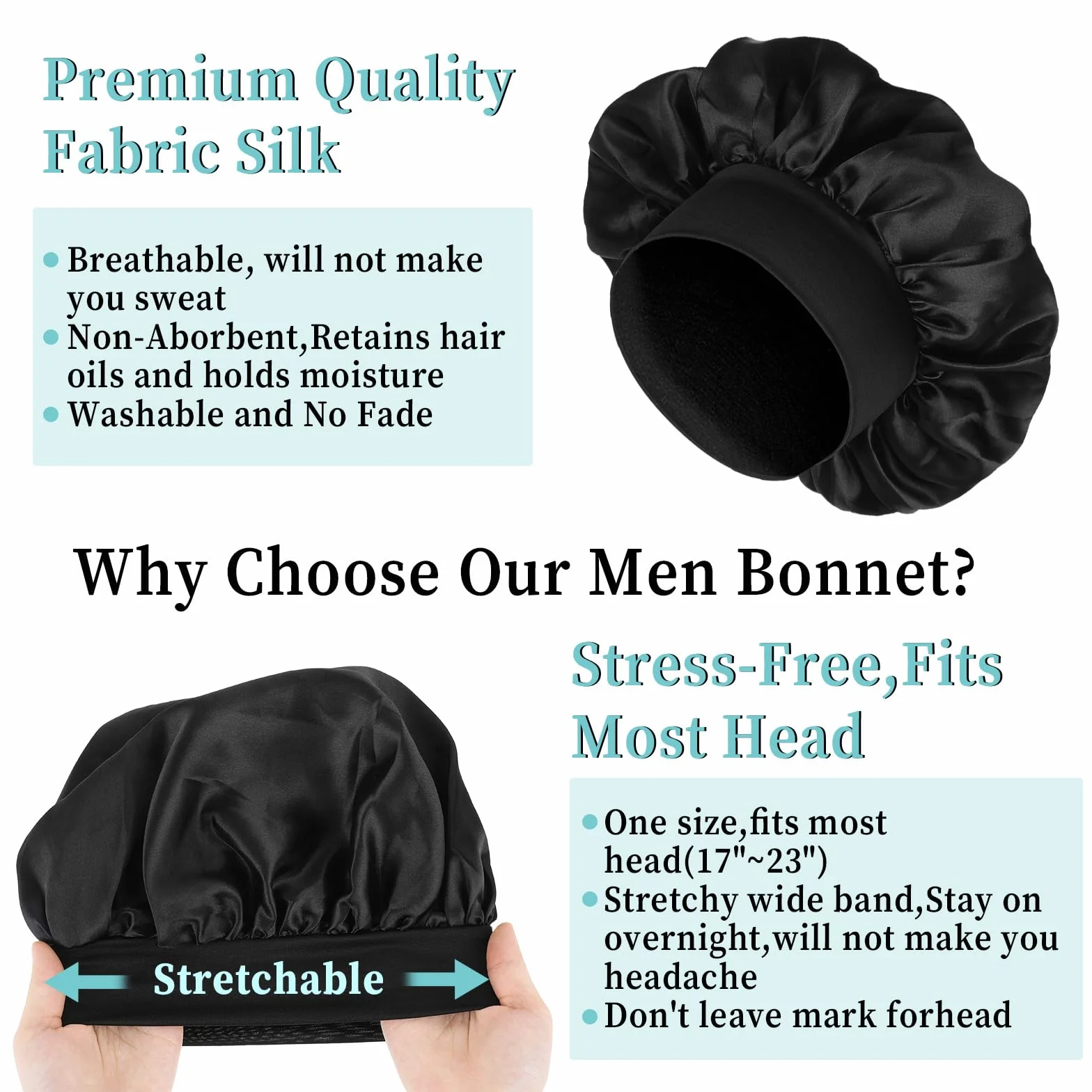 Bonnet en satin pour dormir double couche réversible noir large élastique 1 pièce