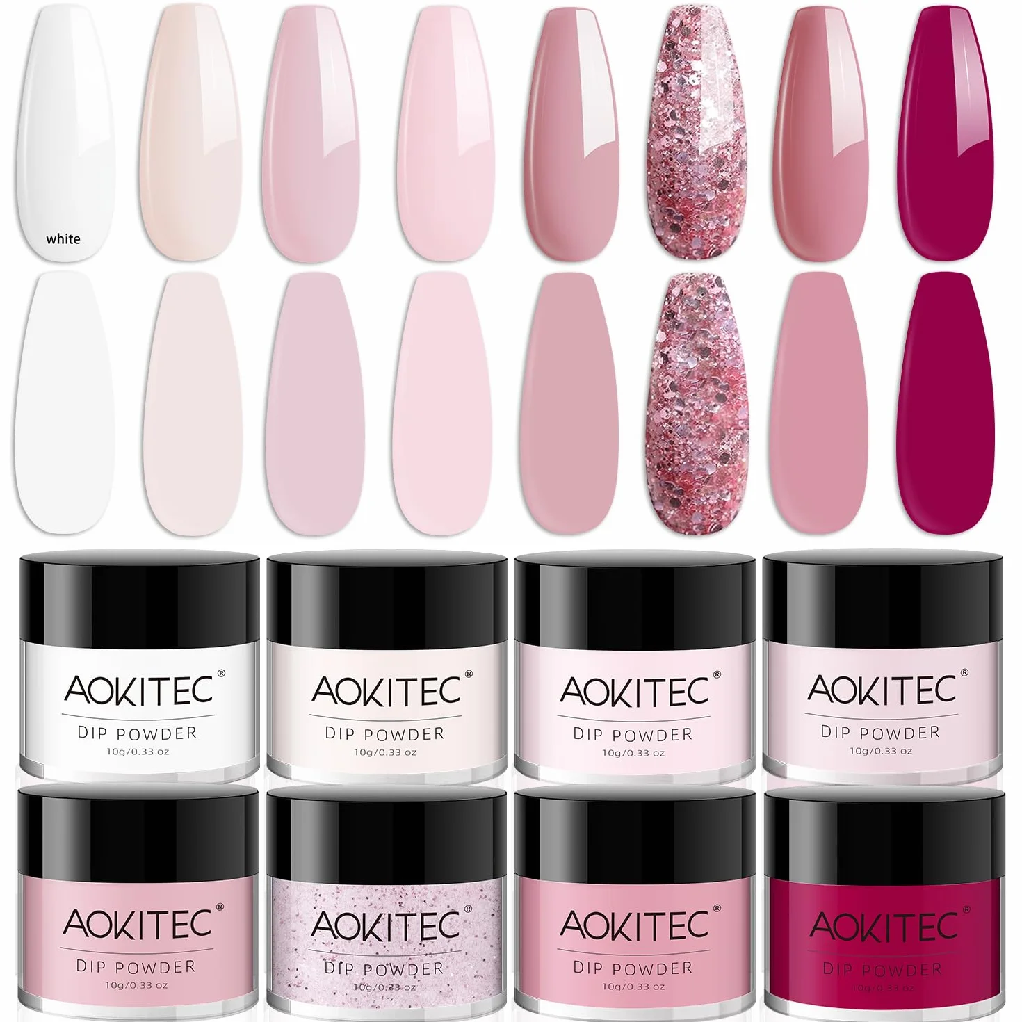 Poudre à tremper Aokitec 8 couleurs série rose pour nail art français, poudre à ongles facile à utiliser sans lampe