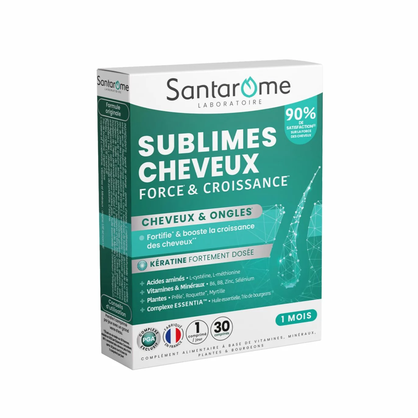 Santarome Sublimes Cheveux Force & Croissance Complément alimentaire pousse cheveux ongles Vitamines B6 B8 Roquette Myrtille 30 comprimés
