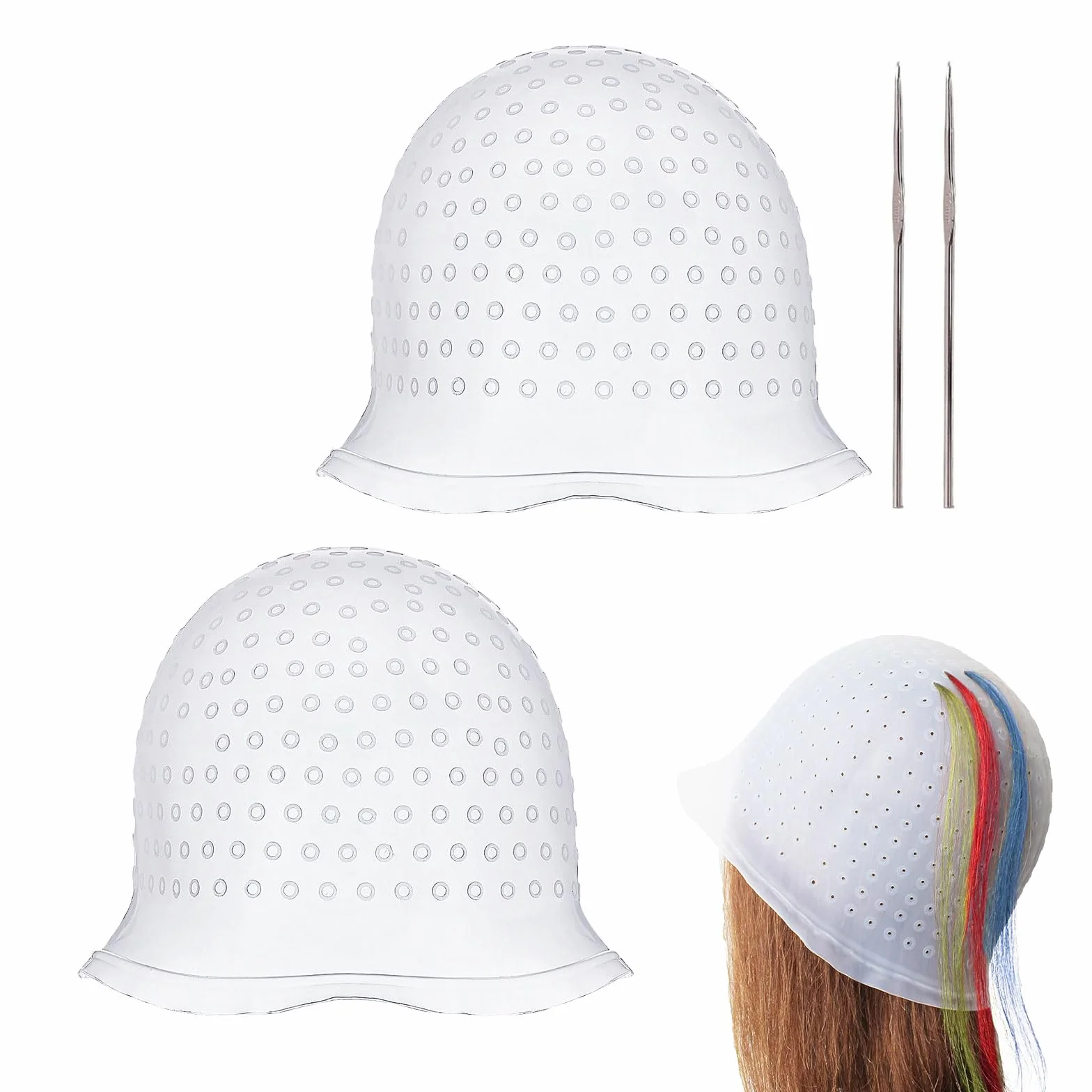 Bonnet à Mèches en Silicone 4 Pièces avec Crochet, Chapeau de Coloration Reutilisable, Outils de Coiffure Blanc