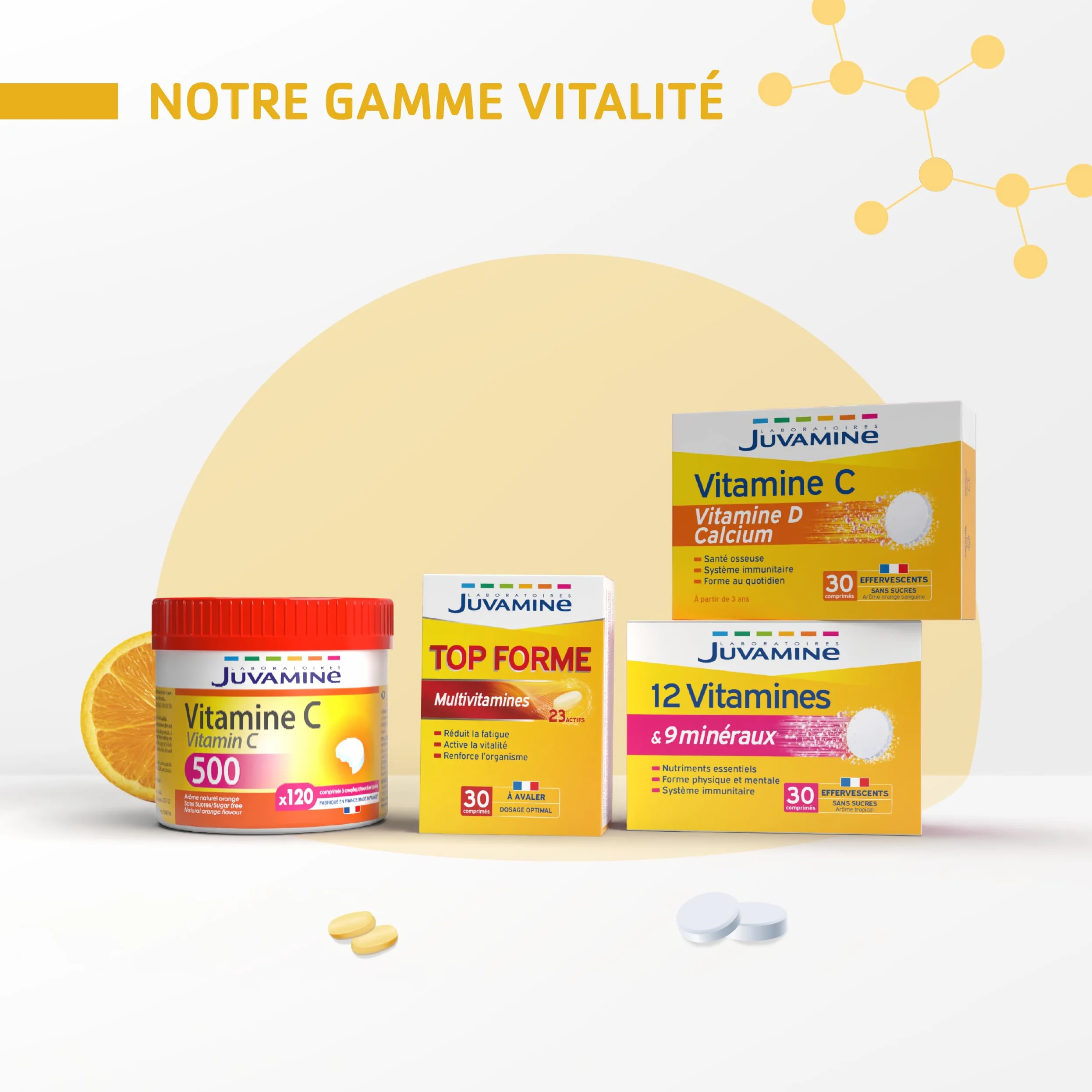 Juvamine 12 Vitamines & 9 Minéraux Effervescents Fatigue Stress Métabolisme Énergétique Immunité 30 Comprimés Arôme Tropical Fabriqué en France