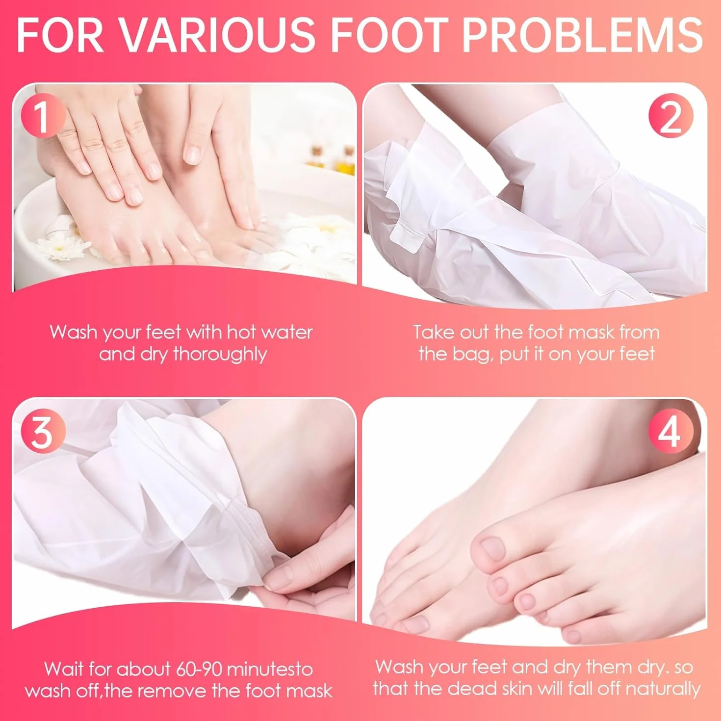 Masque Pied Exfoliant 2 Paires, Chaussette Exfoliante Pieds Secs Abîmés, Hydratation Profonde Fraise Papaye