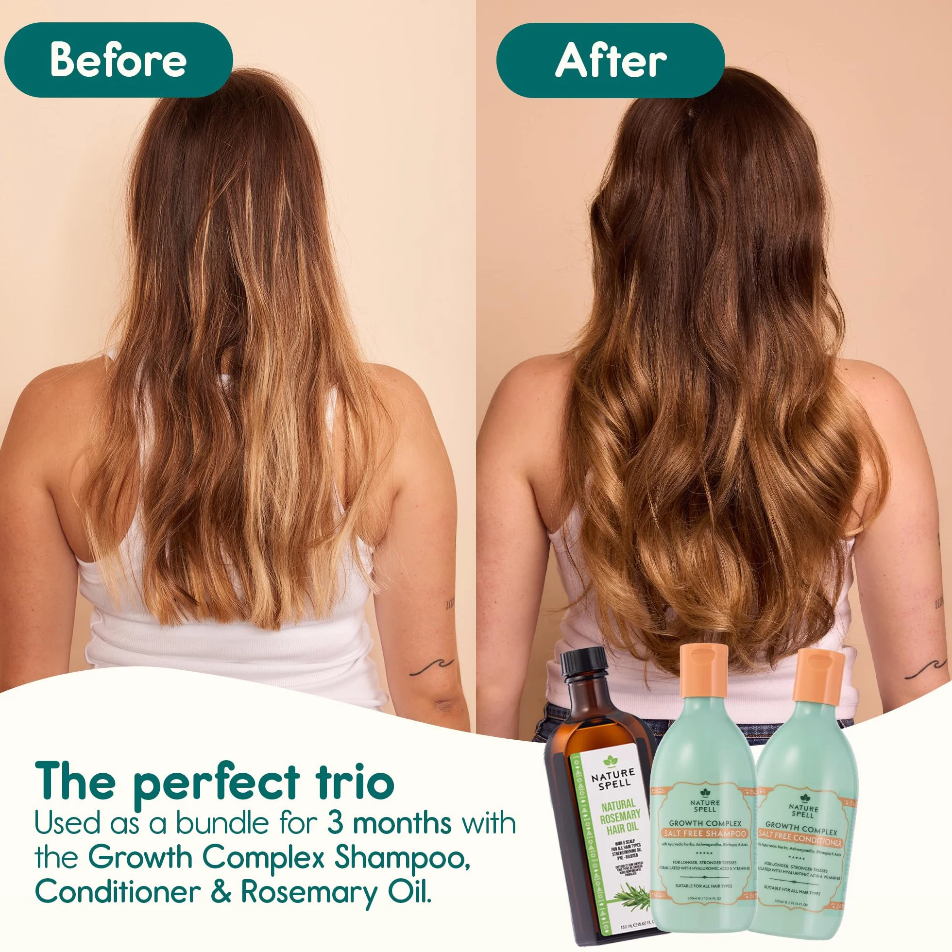 Nature Spell Trio Croissance Cheveux, Huile de Romarin Pré-diluée, Shampooing et Après-Shampooing Hydratants, Soin Cuir Chevelu, Sans Sulfate, Vegan