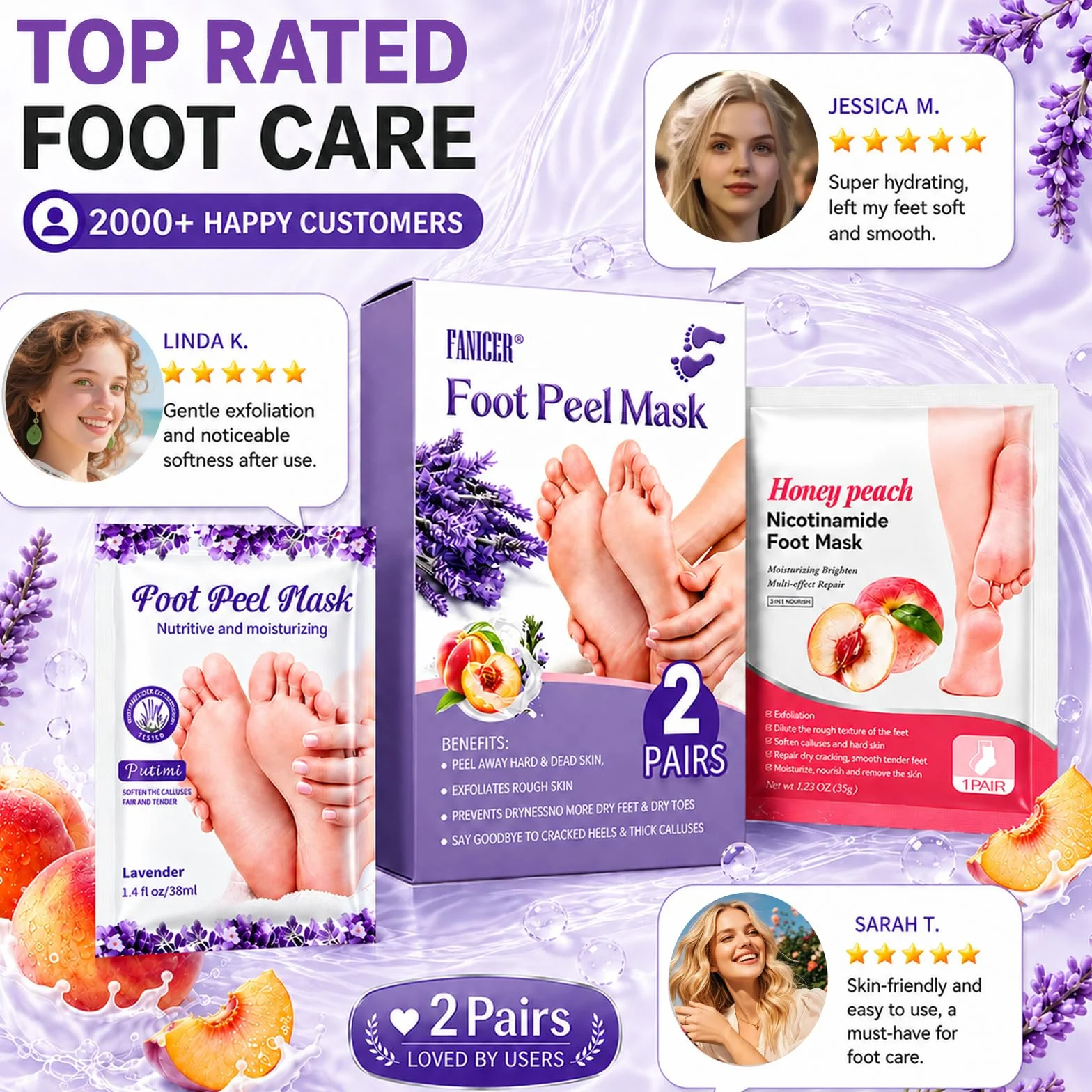 Masque Pied Peeling 2 Paires, Masque Hydratant pour Les Pieds, Soins Pieds, Pêche et Lavande