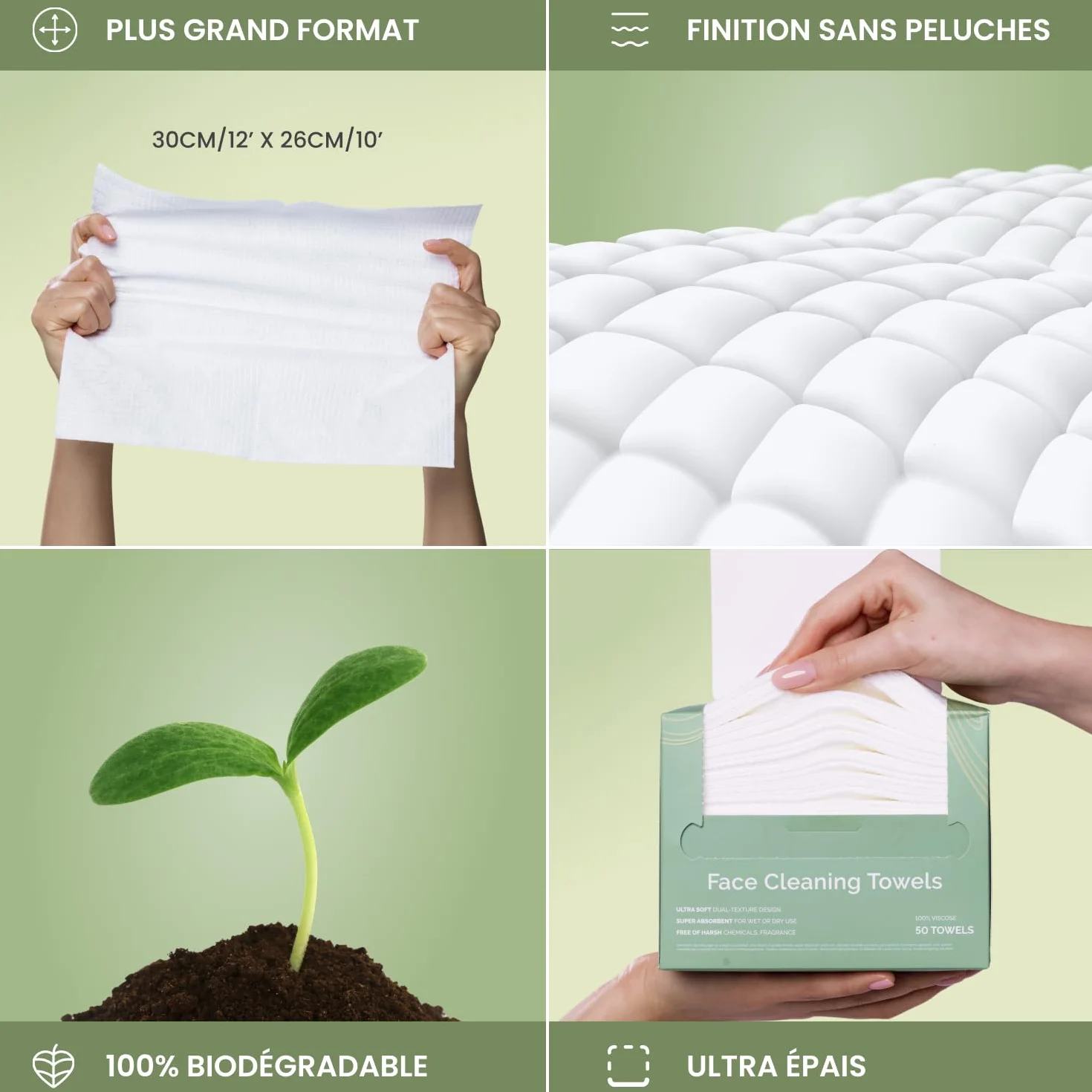 PLANTIFIQUE Serviettes Visage Jetables XL 10"x12" Lingettes Démaquillantes Biodégradables Viscose 50 Unités