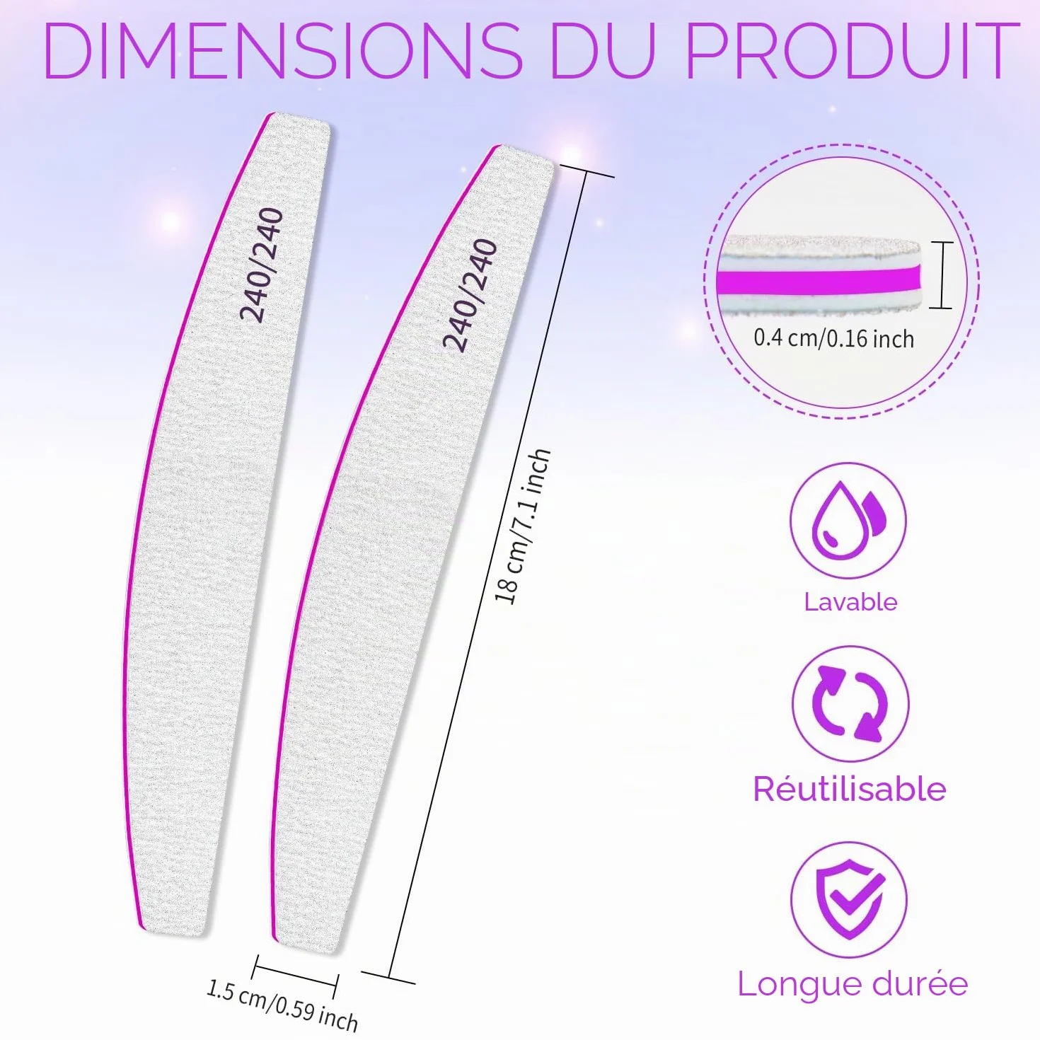 Limes à ongles professionnelles 240/240 double face émeri lot de 12