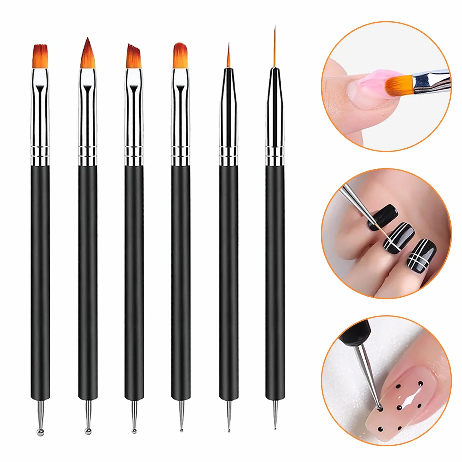 Pinceau Nail Art Ongles 6 Pcs Double Extrémité Dotting Pen Outils Manucure Salon DIY Noir