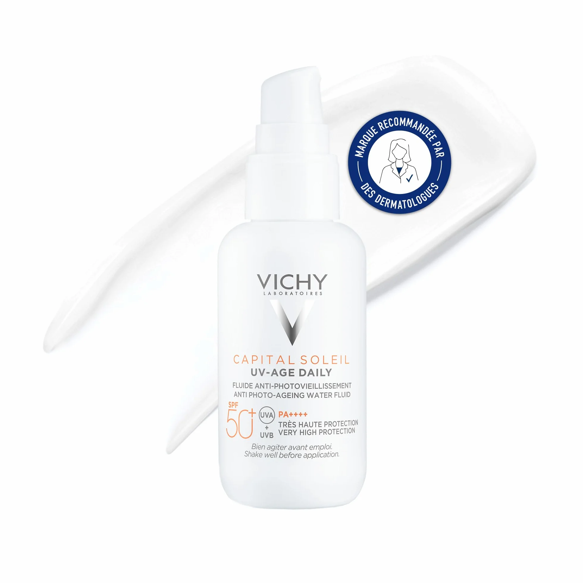 Vichy - Capital Soleil Fluide Anti-Photovieillissement SPF 50- Protection Solaire 50 Efficacité et Soin Pour le Visage Anti-Âge - Produit Solaire Enrichi en Peptides, Niacinamide et Eau Volcanique