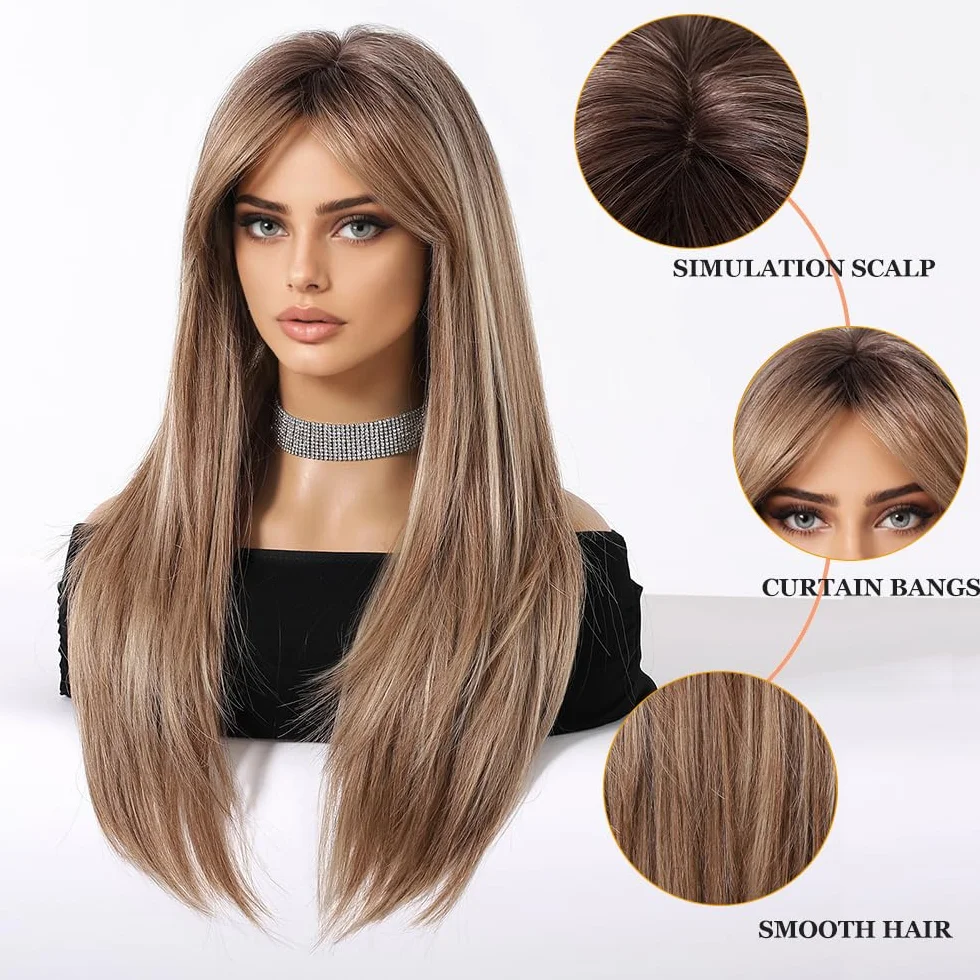 Esmee Perruque Blond Cendré Longue et Droite pour Femmes Perruque à Frange en Cheveux Synthétiques pour Soirée Cosplay Quotidienne