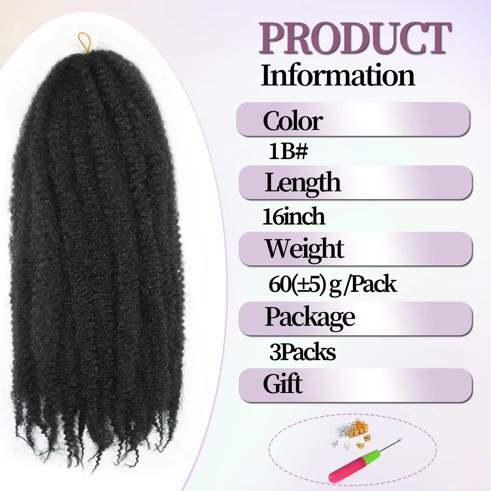 Tresses en crochet style Marley Twist pour cheveux afro, frisés, bouclés, cubains, tresses sénégalaises synthétiques, extensions de cheveux en crochet pour femmes (1b, 40,6 cm/lot de 3)