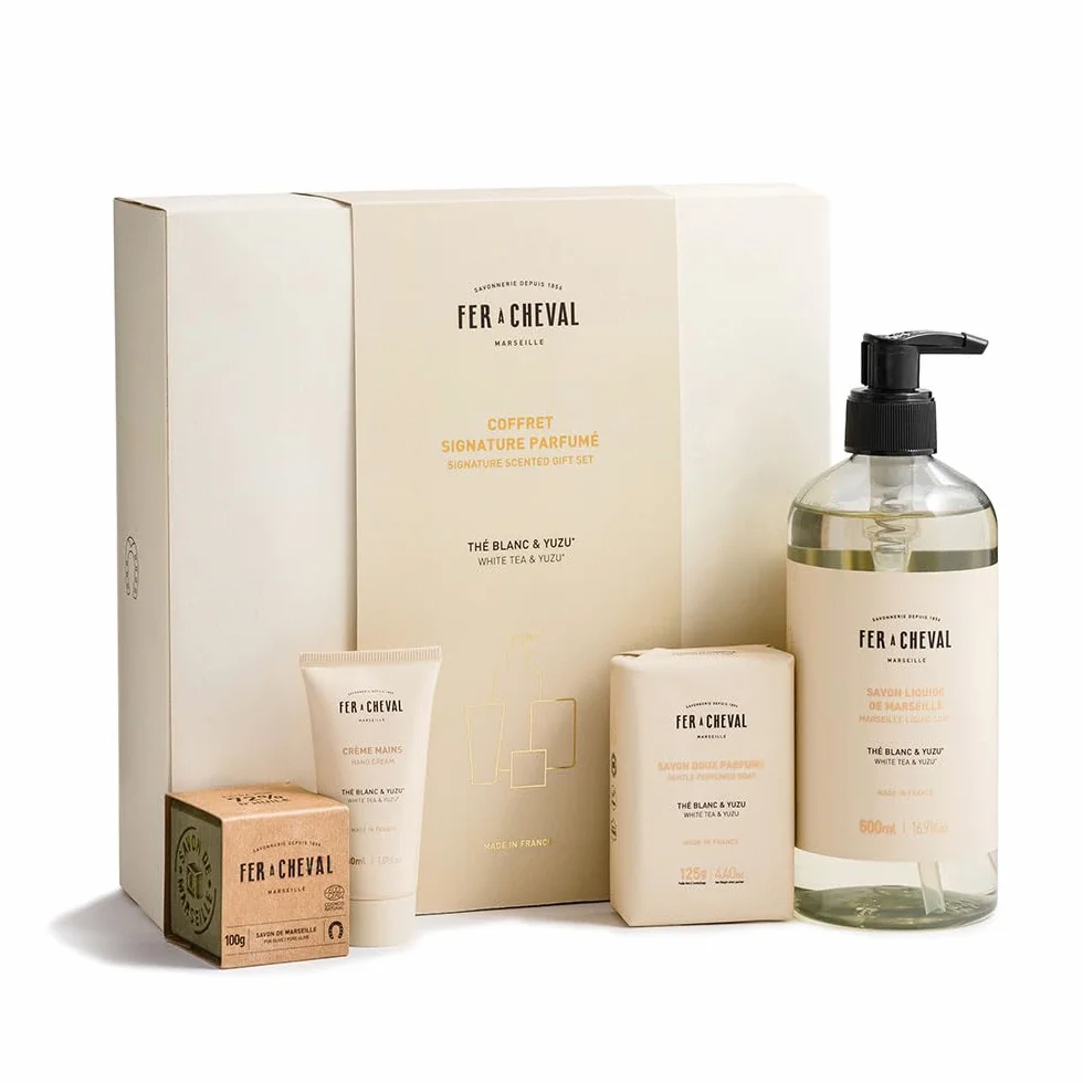 Savonnerie Fer à Cheval Coffret Cadeau Signature Parfumé Thé Blanc & Yuzu – Savon Liquide de Marseille, Savon Doux Parfumé, Crème Mains et Cube de Savon de Marseille