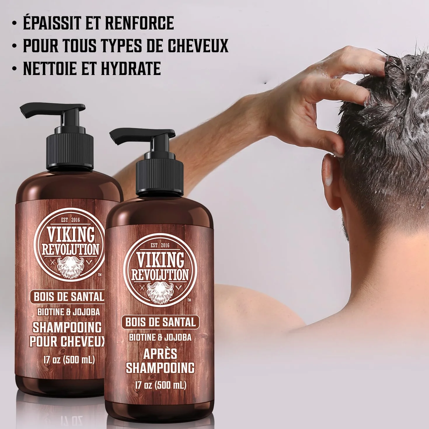 Viking Revolution - Ensemble Shampoing et Après-Shampoing Homme - 2 x 500 ml - Hydrate et Renforce - 100% Naturel avec Vitamine B5 et Huile de Jojoba - Bois de Santal
