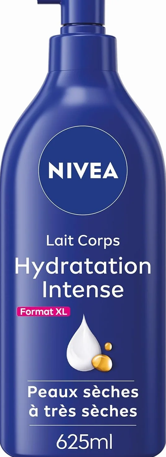 NIVEA Lait Corps Hydratation Intense 72H 625 ml Acide Hyaluronique Huile d'Amande Douce Crème Hydratante Peaux Sèches