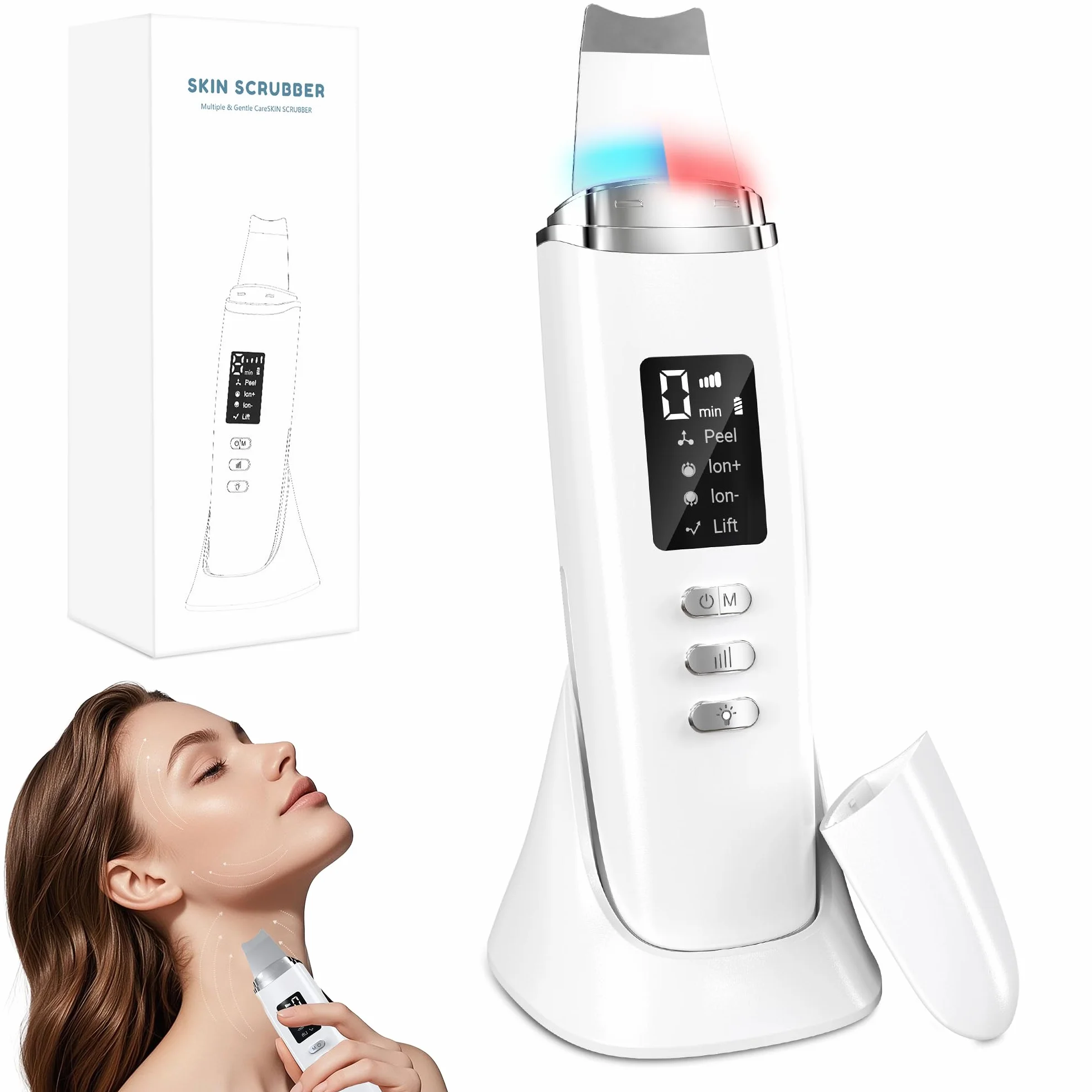 Épurateur de Peau à Ultrasons, Épurateur Visage Skin Scrubber avec 4 Modes et Intensité Réglable, Lumière Rouge et Bleue, Appareil de Nettoyage Exfoliant à Ultrasons